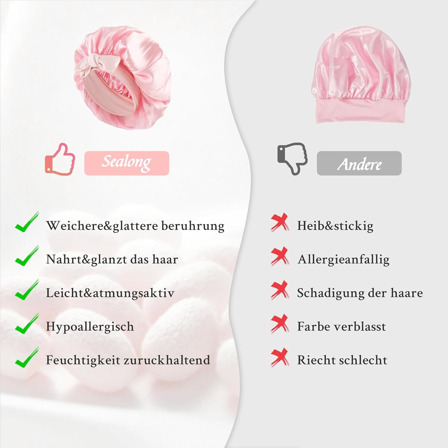 Detalle de 2er Set Seidenhaube zum Schlafen mit Haargummis – verstellbare Satin Schlafmütze, Schutz für Haare über Nacht