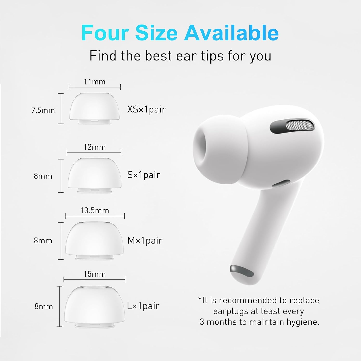Detalle de YISH Y922W-EU-DI ersättningsproppar för AirPods Pro och Pro 2, silikon i fyra storlekar