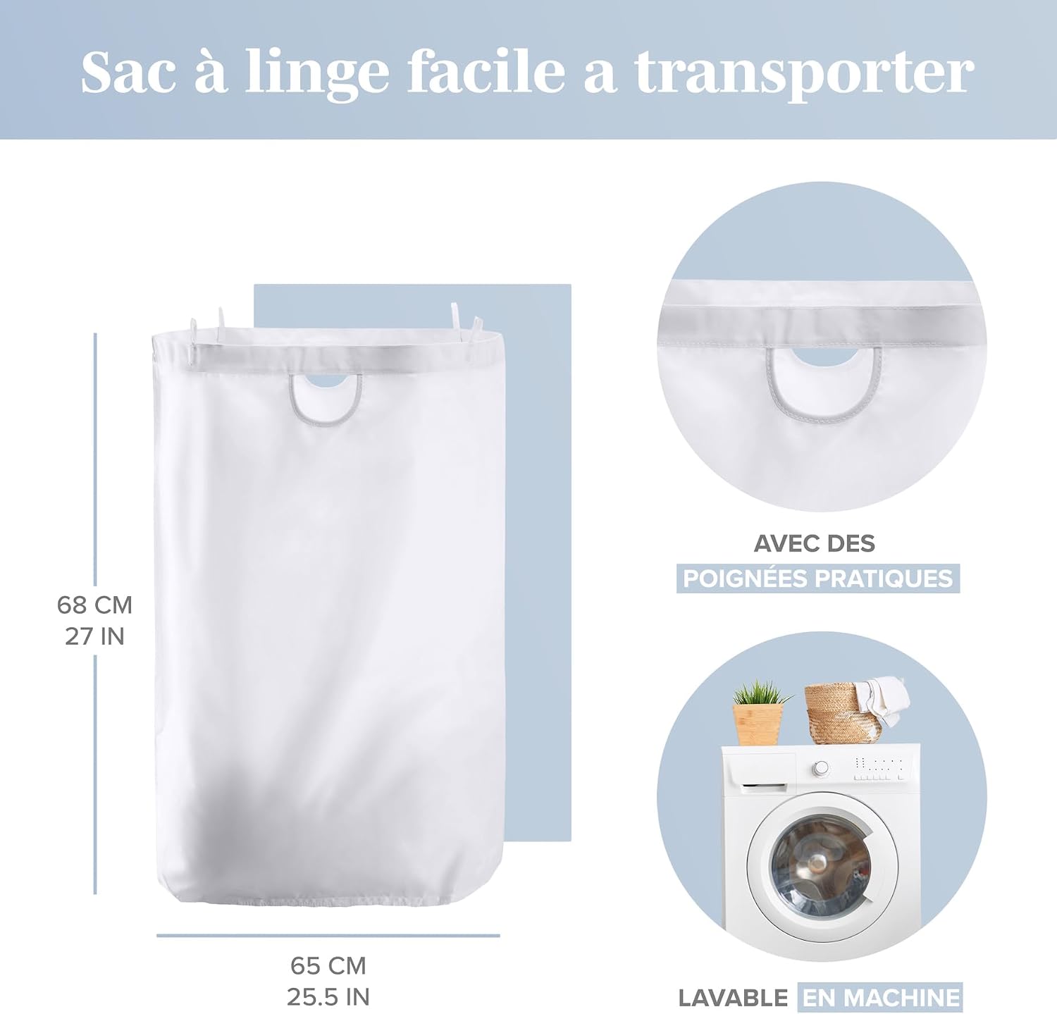 Detalle de LONBET 100L panier à linge avec couvercle et cadre en bambou, sac amovible et poignées latérales (gris clair)