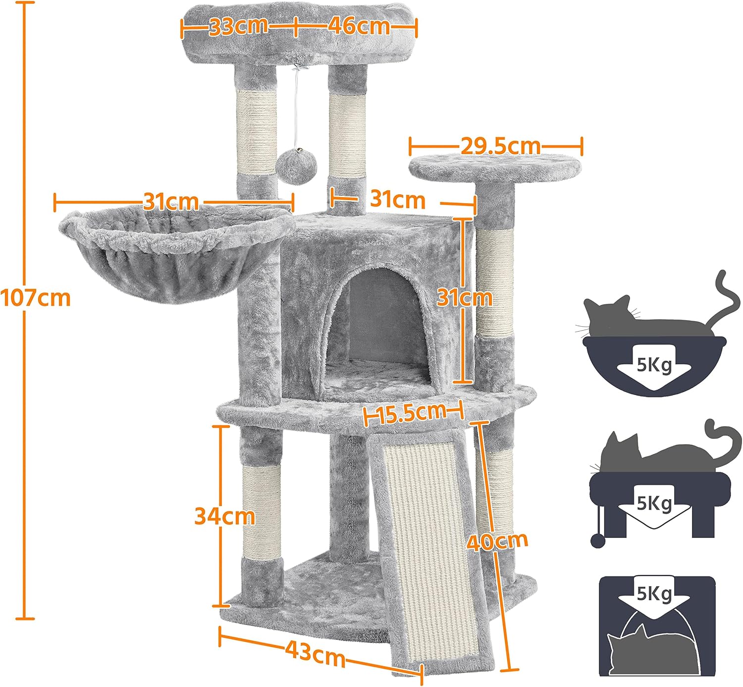 Detalle 2 de Yaheetech Albero Tiragraffi per Gatti con Ampio Trespol Grande, Cesto e Grotta – 43,5 × 43,5 × 106 cm, Grigio Chiaro