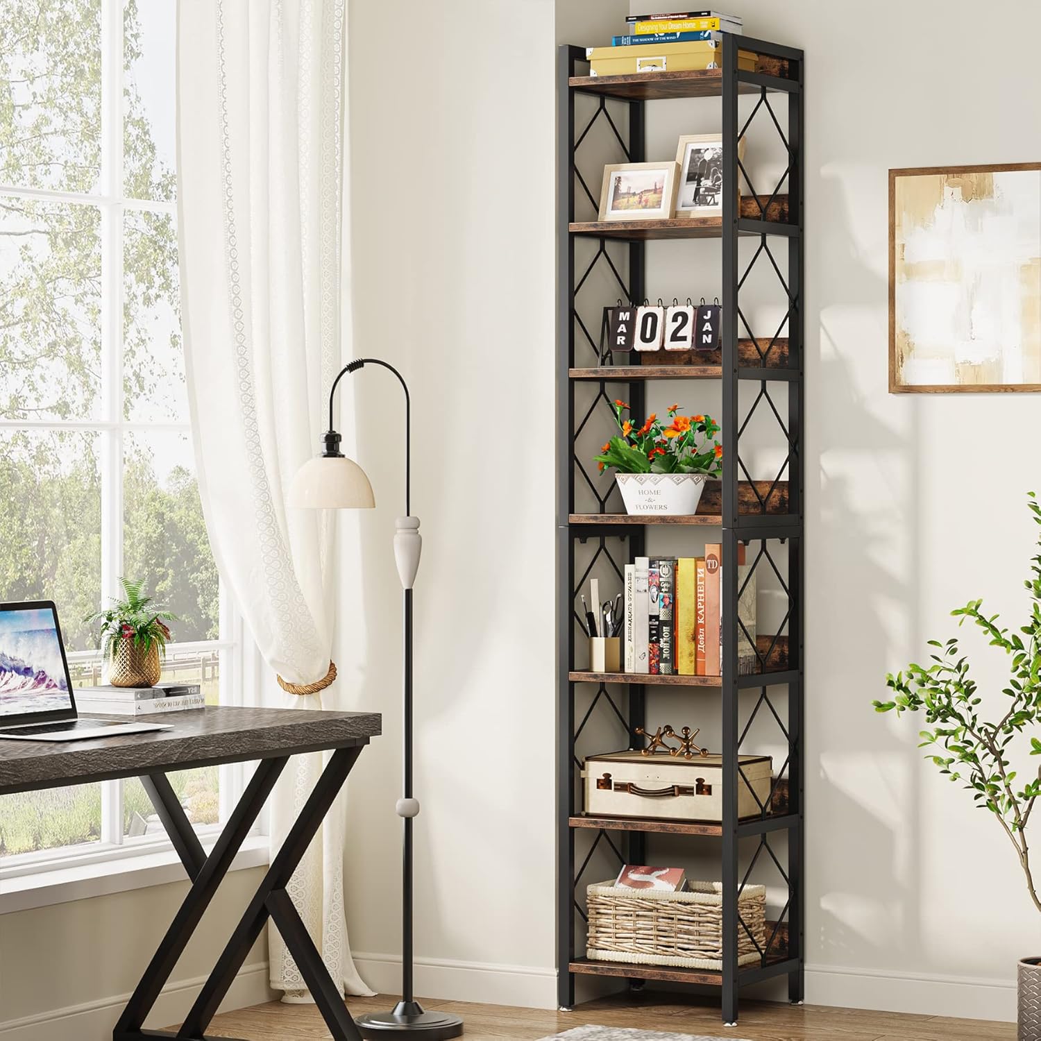 Thumbnail 3 de Tribesigns Narrow Bookshelf 7-Tier