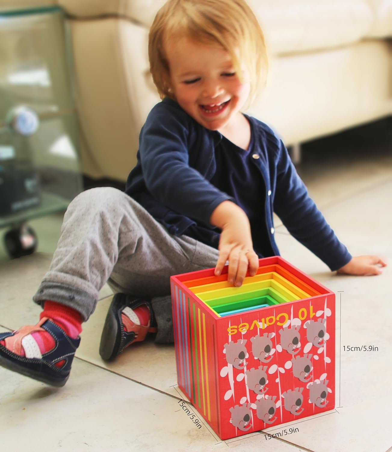 Detalle de TOWO Wooden Stacking Boxes – Nesting Cups, Alphabet & Animal Blocks for Toddlers
