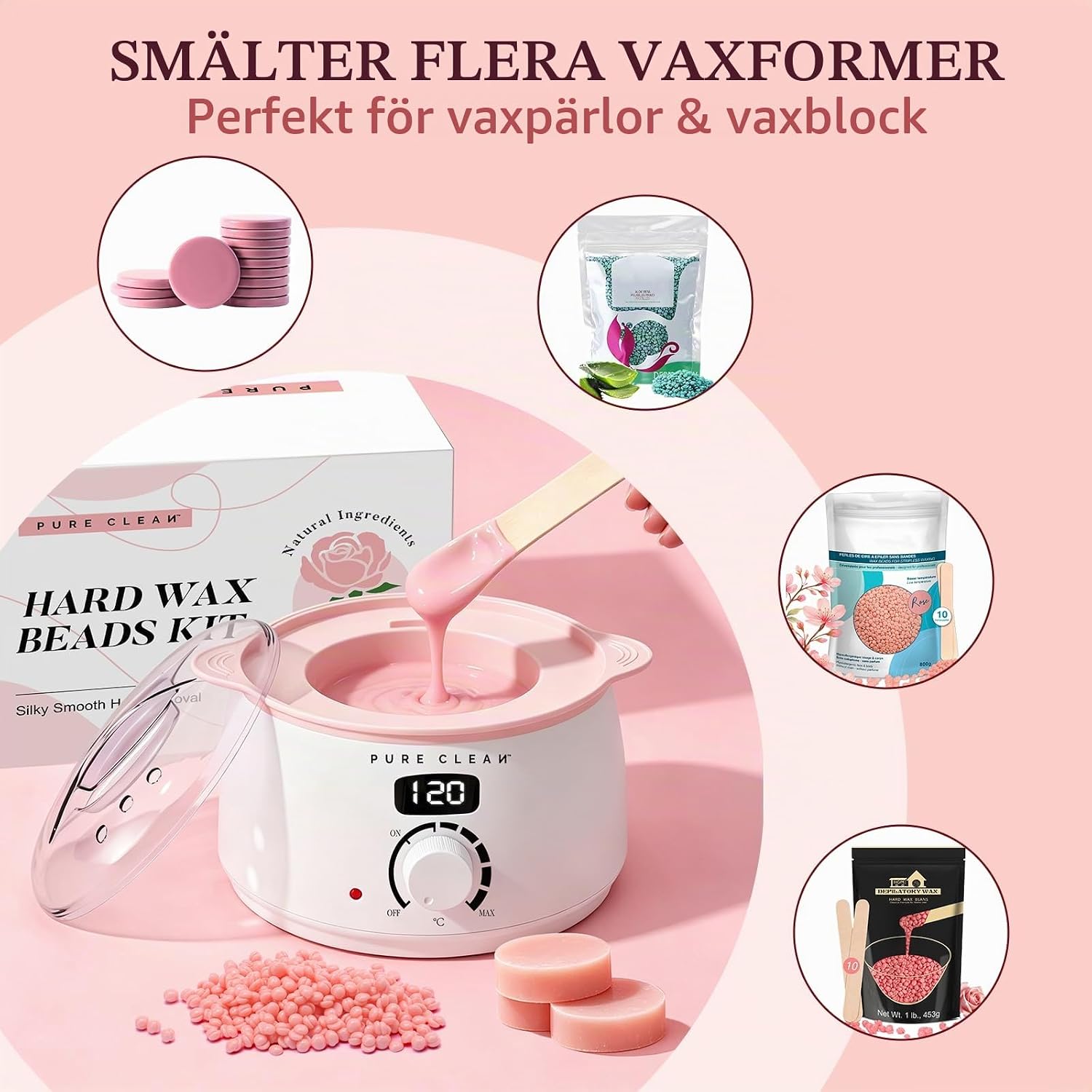 Detalle de PURECLEAN vaxvärmare med LED-display, silikonskål och 10 minuters uppvärmning