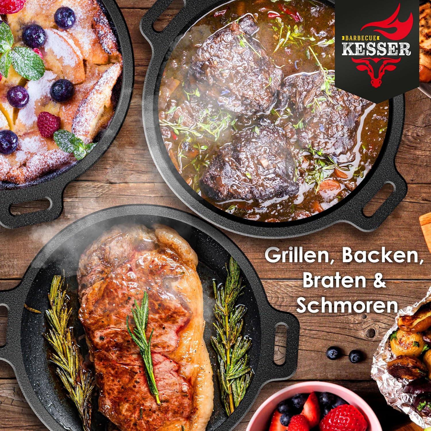 Detalle de KESSER® Dutch Oven Set BBQ 7,3 Liter – Schmortopf & Feuertopf aus Gusseisen mit Edelstahleruntersetzer