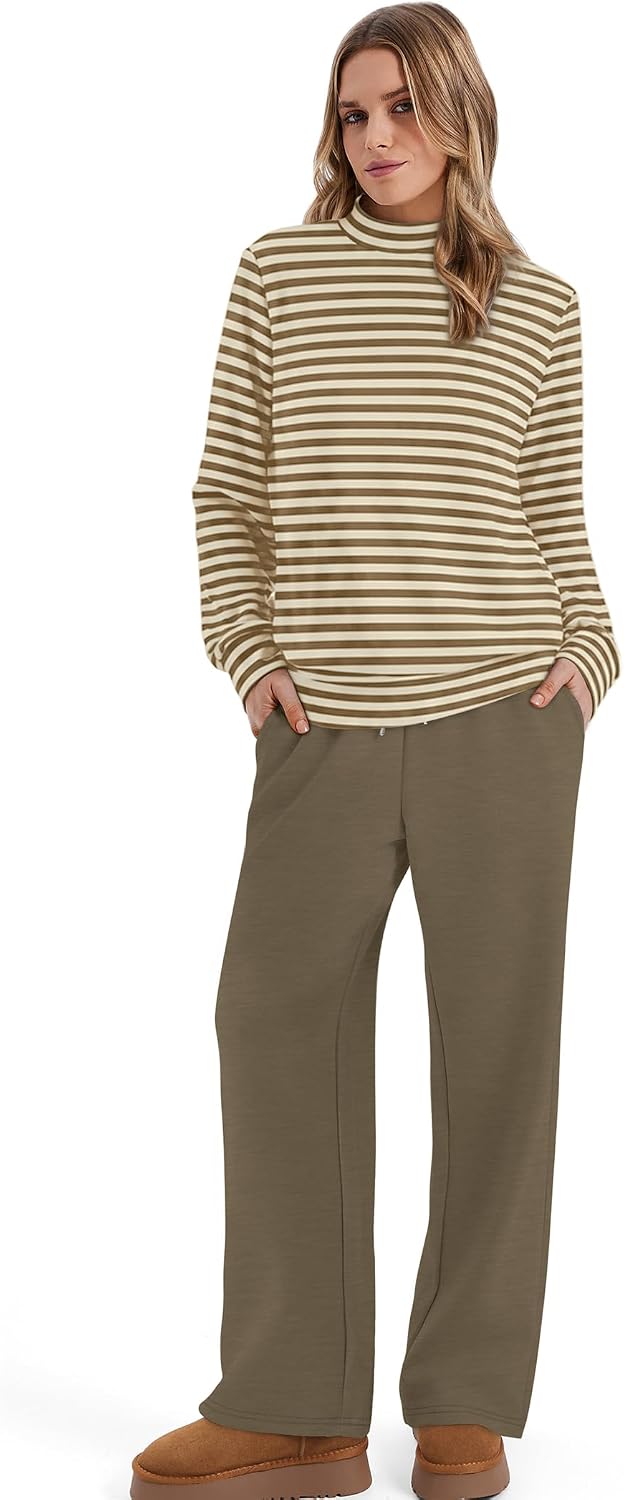Detalle de Sampeel Women's Two-Piece Set with Mock-Neck Top and Wide-Leg Pants