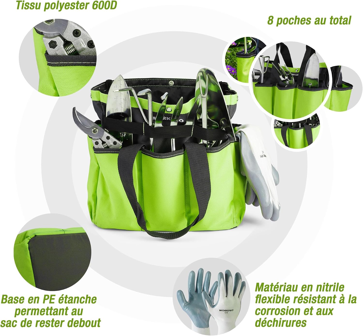 Thumbnail 6 de WORKPRO Ensemble d'Outils de Jardinage 8 pièces – Acier inoxydable et poignée en bois