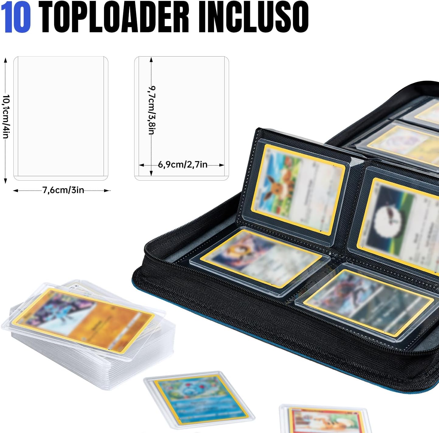 Thumbnail 6 de Tolesum Toploader Album carte collezionabili 112 slot, 4 tasche/pagina, 10 Toploader inclusi – custodia in PU blu