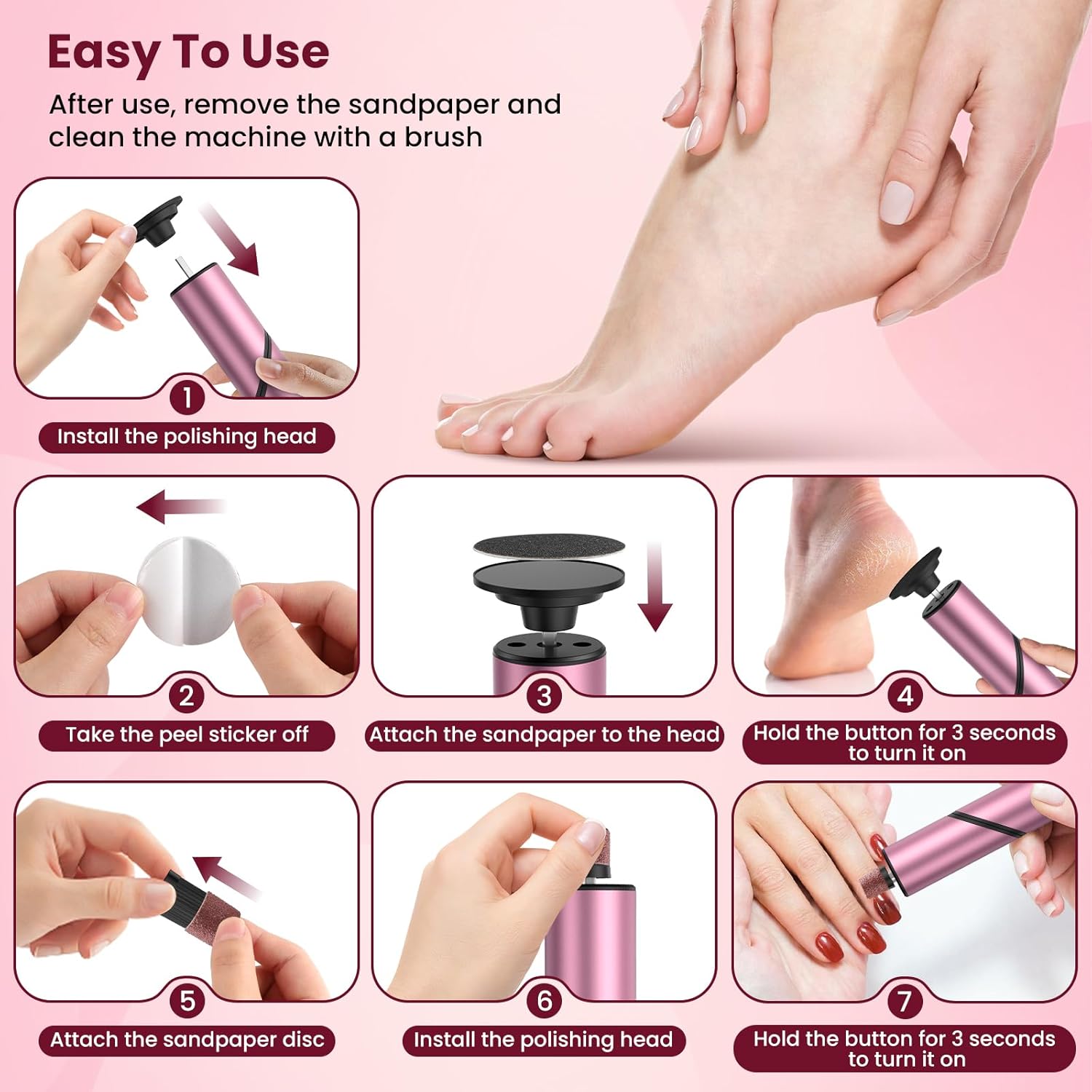 Thumbnail 4 de PKBD pedicure elettrico 2-in-1 ricaricabile con display LCD, 9 velocità (rosa)