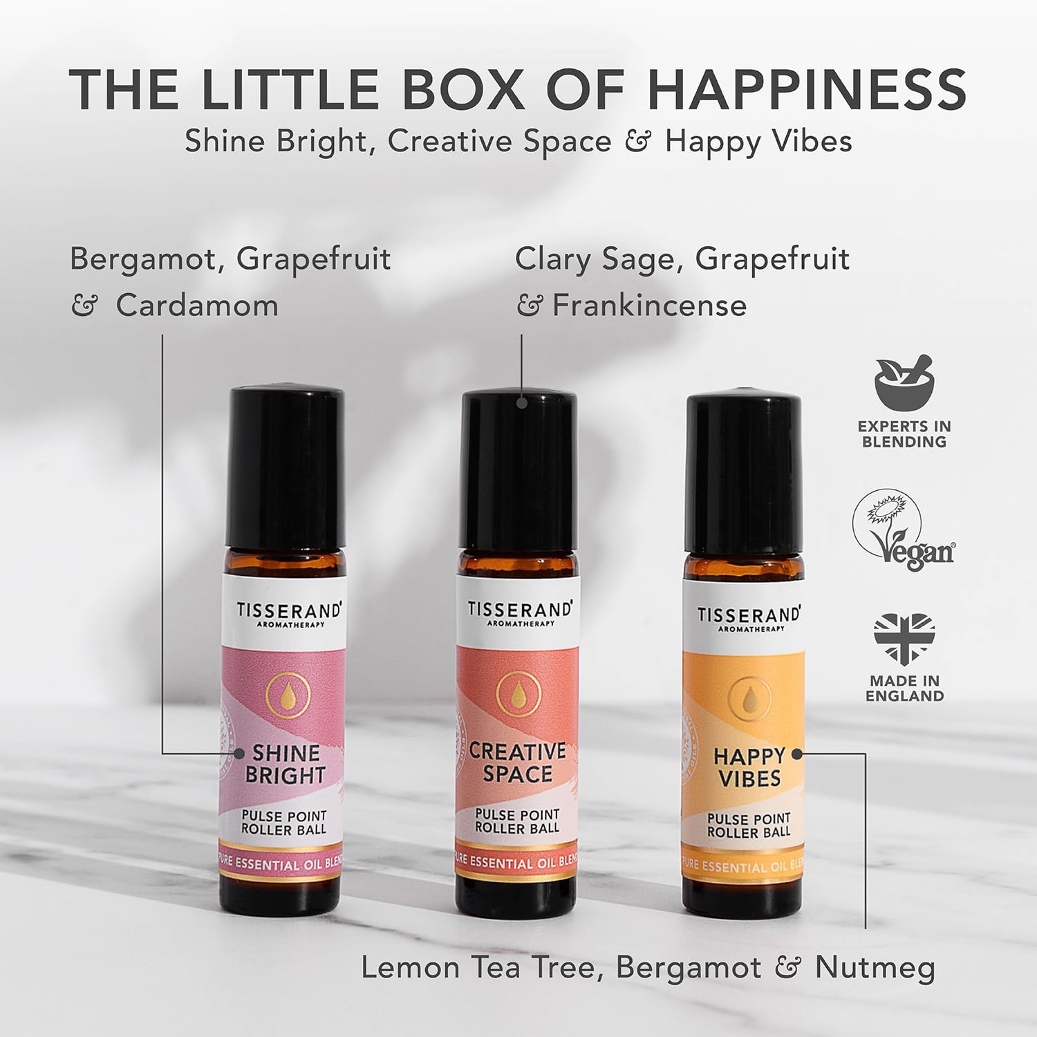 Detalle de Tisserand The Little Box of Happiness: Shine Bright, Creative Space & Happy Vibes — 3x10ml Pure Essential Oil Roll-Ons
