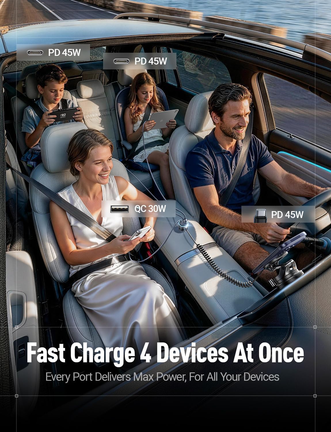Detalle de LISEN 4 in 1 USB Car Charger with 90W Fast Charge (2× USB-C 45W, USB-A 30W) and 1.3m Retractable Cable