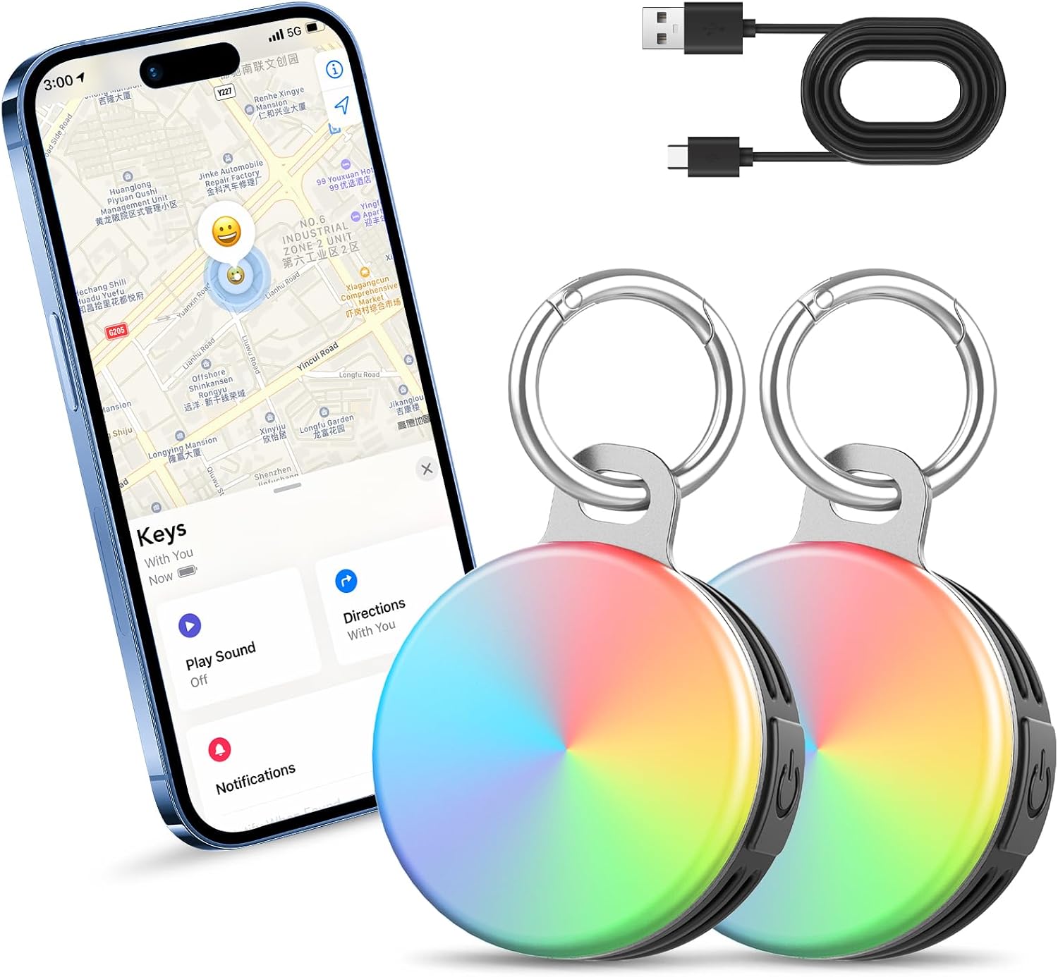 2-in-1 Air Tracker Tags-2Pack: Bluetooth Item Locator with USB-C Light for iOS Find My – IP68 Night Light Companion
