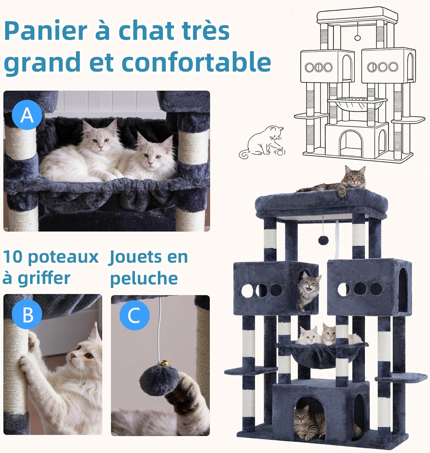 Detalle de Hey-brother Arbre à Chat MPJ083G — Tour de Jeux Multiniveaux 144 cm pour Maine Coon