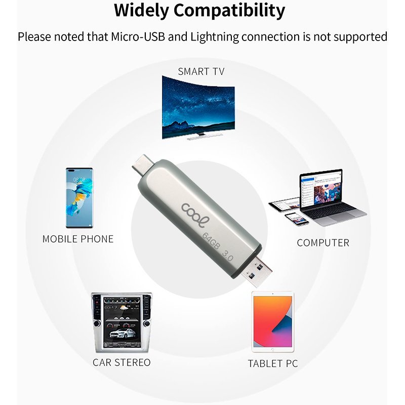Detalle de Cool Pen Drive USB 3.0 512GB 2 en 1 (USB-C / USB-A) – Plata