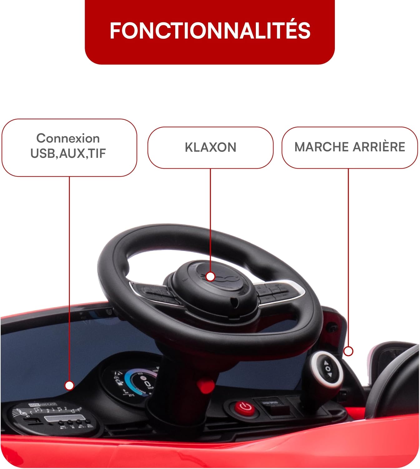 Thumbnail 4 de Baroni Toys Fiat 500 Voiture Électrique 12V pour Enfant (Rouge) — Télécommande Parentale, Sons et Lumières