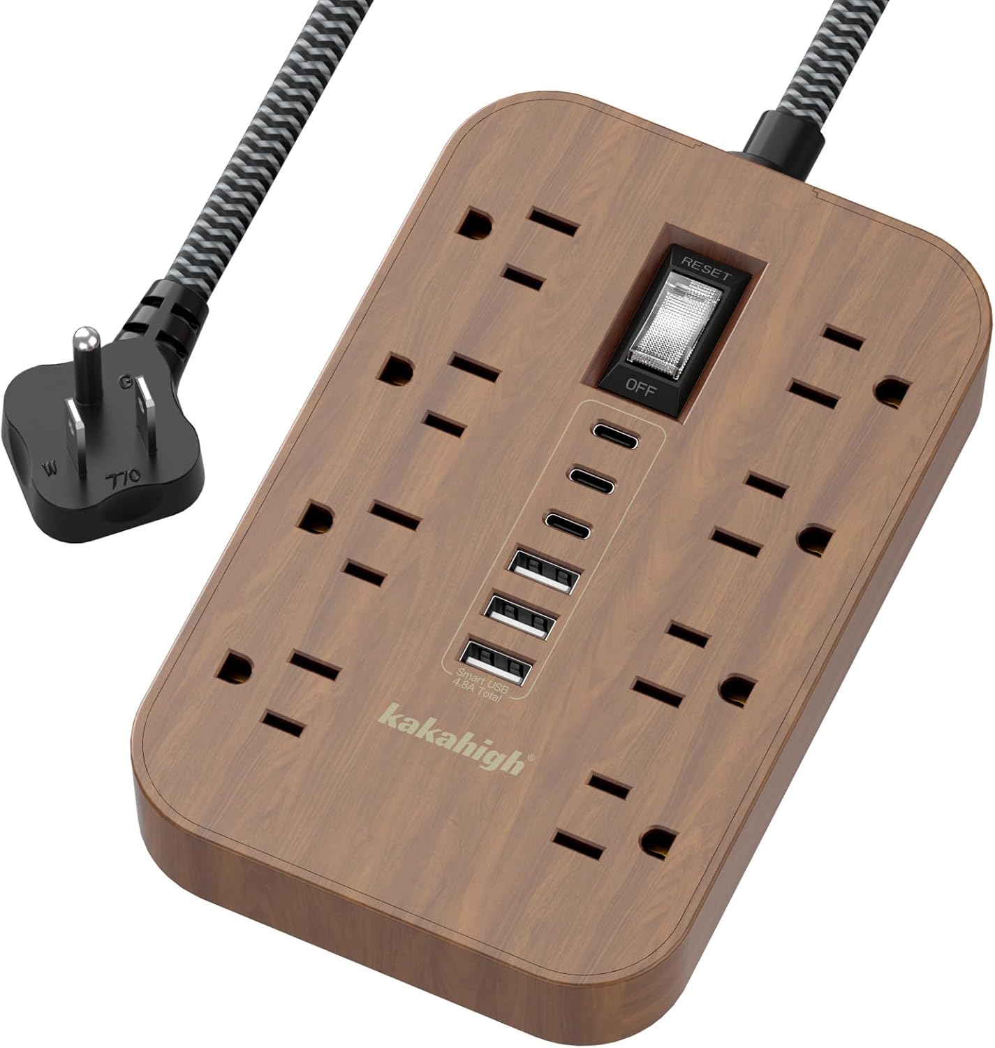 Detalle de Walnut Power Strip with USB Ports (5 ft) — Wood Extension Cord with 6 AC Outlets and 6 USB