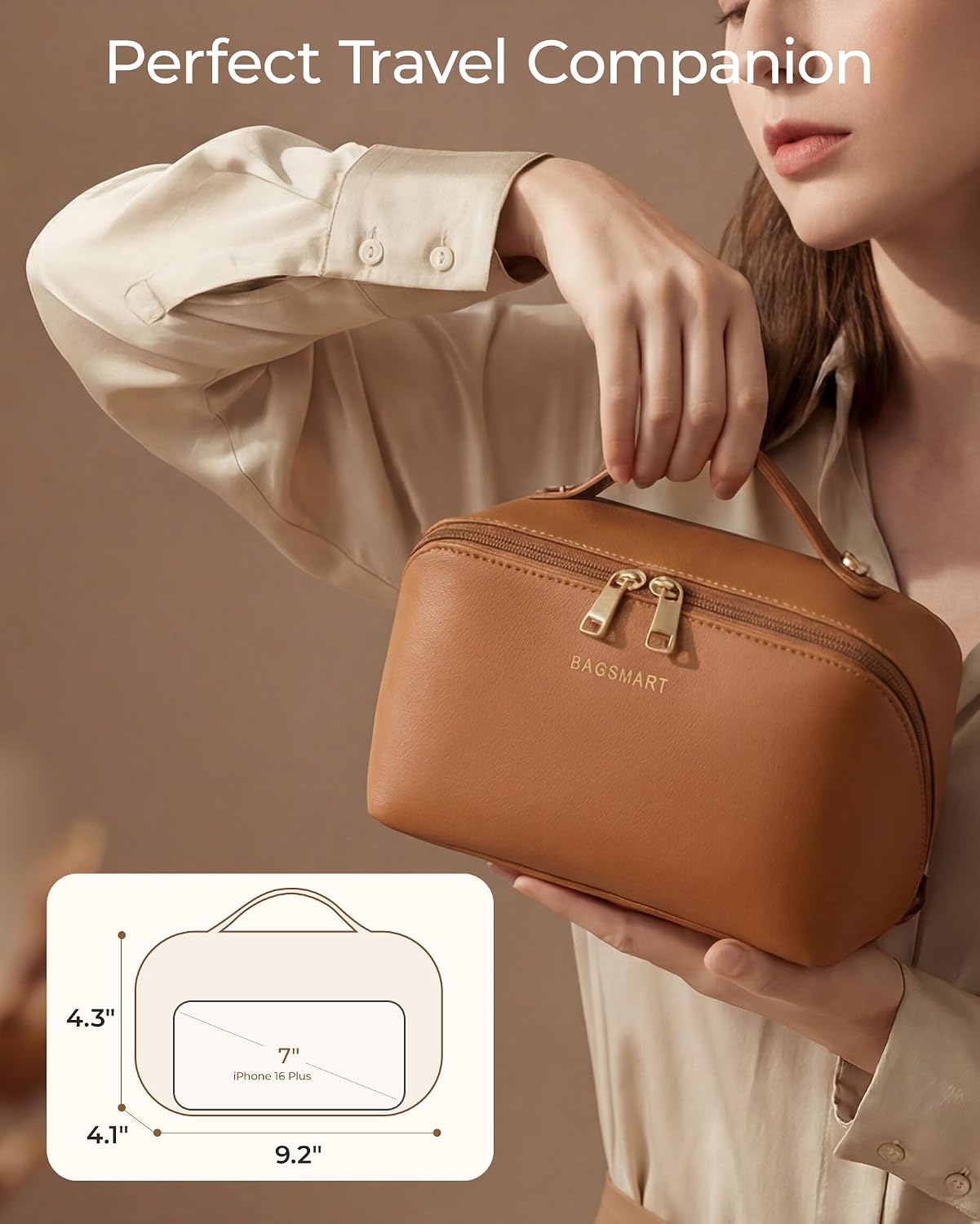 Thumbnail 5 de BAGSMART Kosmetiktasche Damen aus PU-Leder – Wasserdichte Kulturtasche mit Trenner und Griff (Kamel)