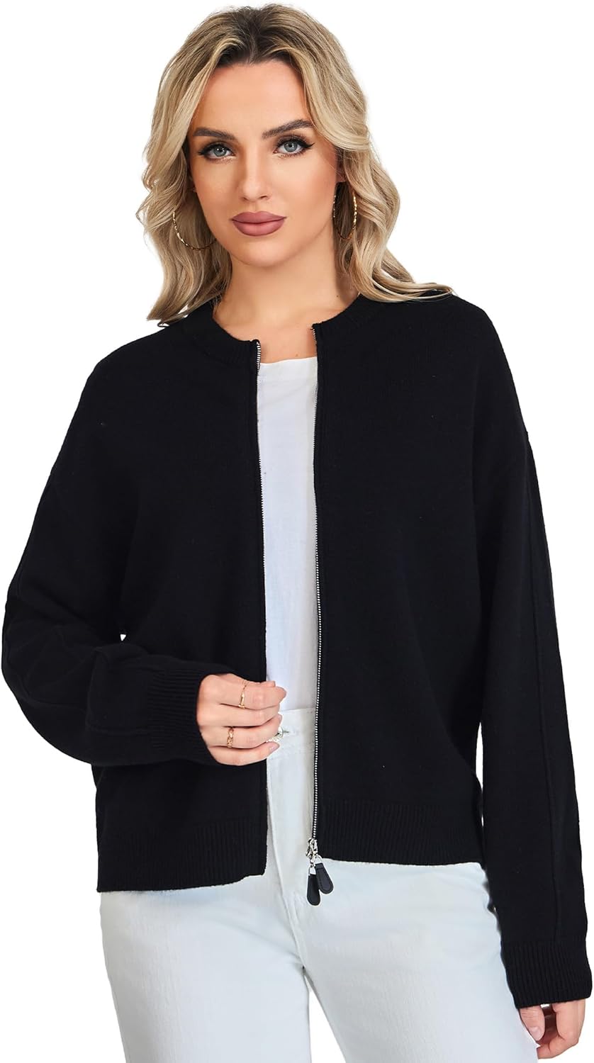 Detalle de VETLURY Damen Strickjacke aus Merinowolle mit Doppelreißverschluss – Rundhals Cardigan für Übergangszeiten