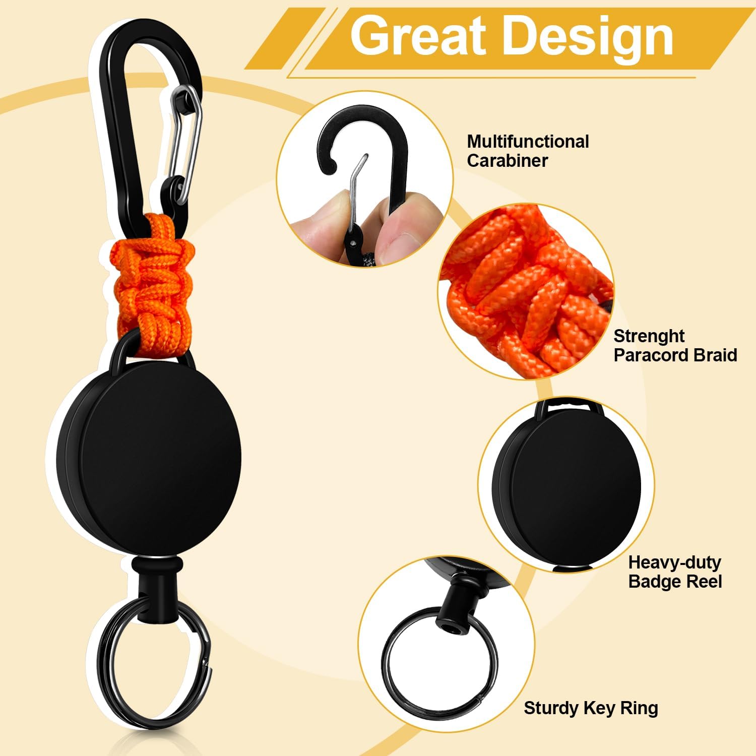 Thumbnail 3 de Wonwood_direct Portachiavi retrattile 3 pezzi: porta badge estensibile in acciaio, corda da 60 cm e moschettone resistente (nero, arancione, verde)