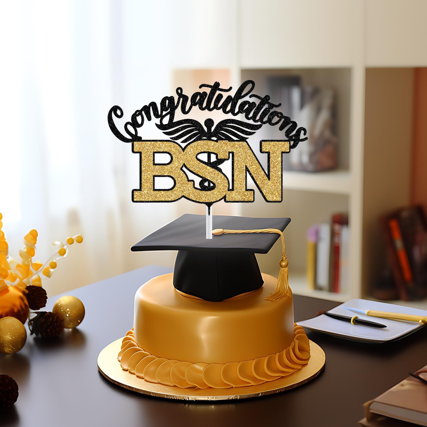 Thumbnail 4 de BSN Graduation Cake Topper, Black and Gold Glitter