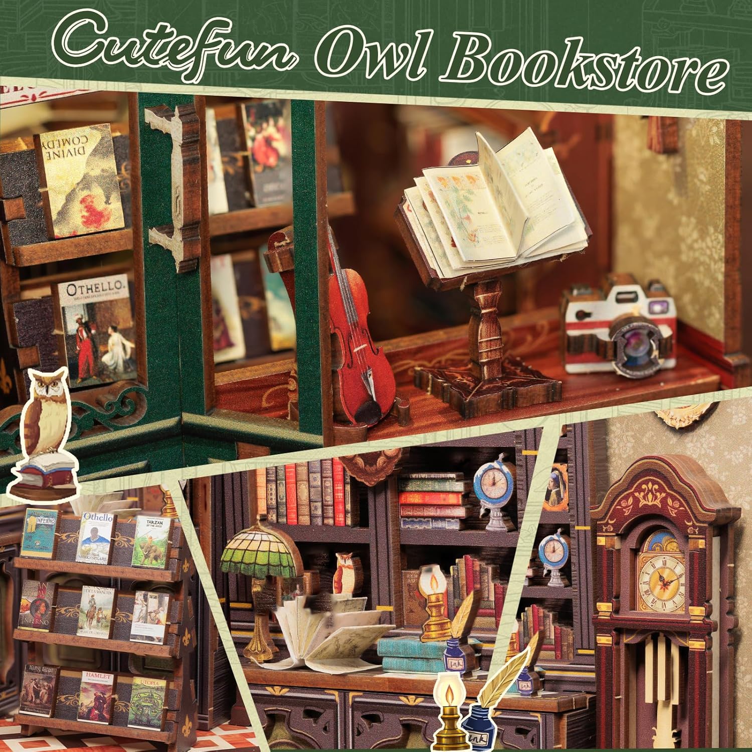 Thumbnail 6 de Cutefun Book Nook – 3D-Holzpuzzle OWL Bookstore mit LED, 139 Teile (DIY Miniatur-Bücherregal)
