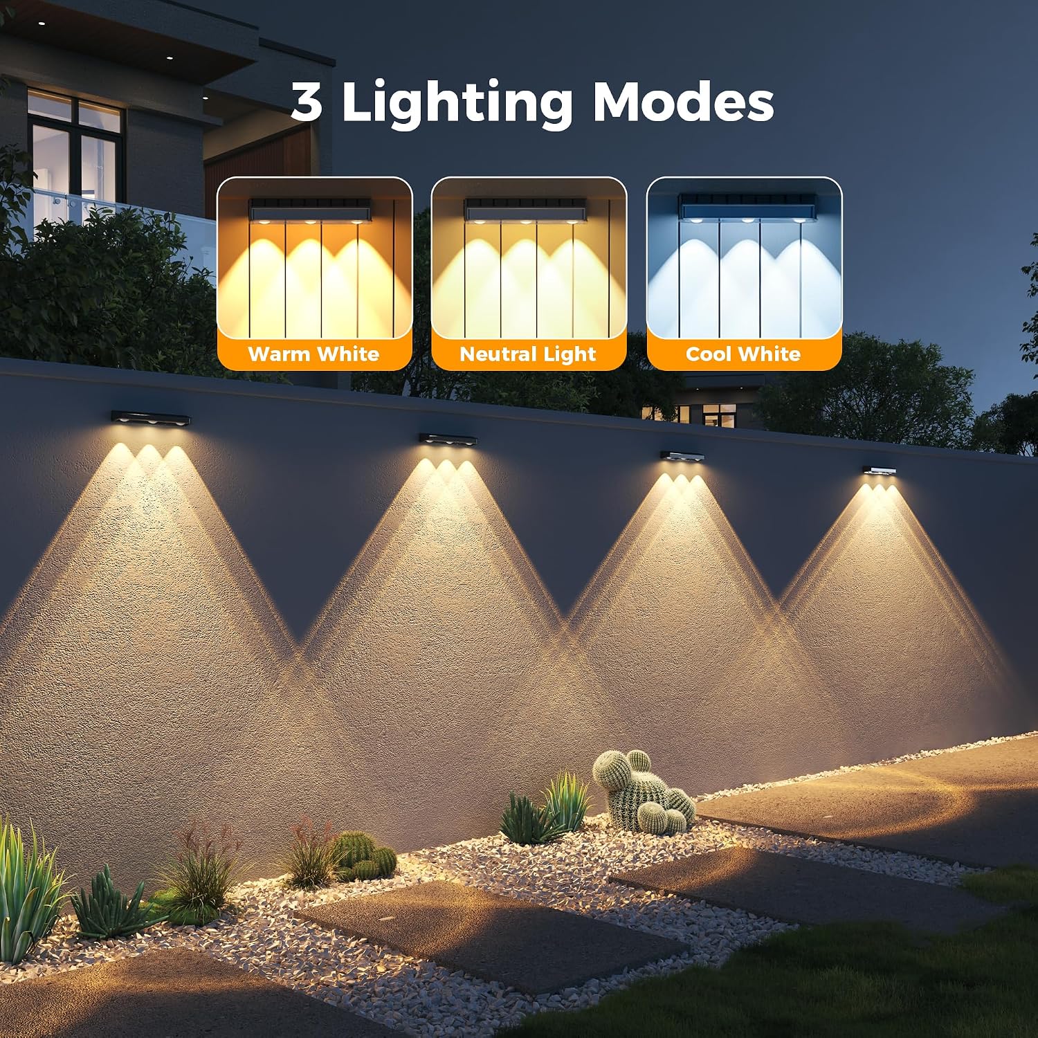 Detalle de sununiny Solar Fence Lights Outdoor (4 Pack) – triple-lens LED wall lights with 3 colour modes