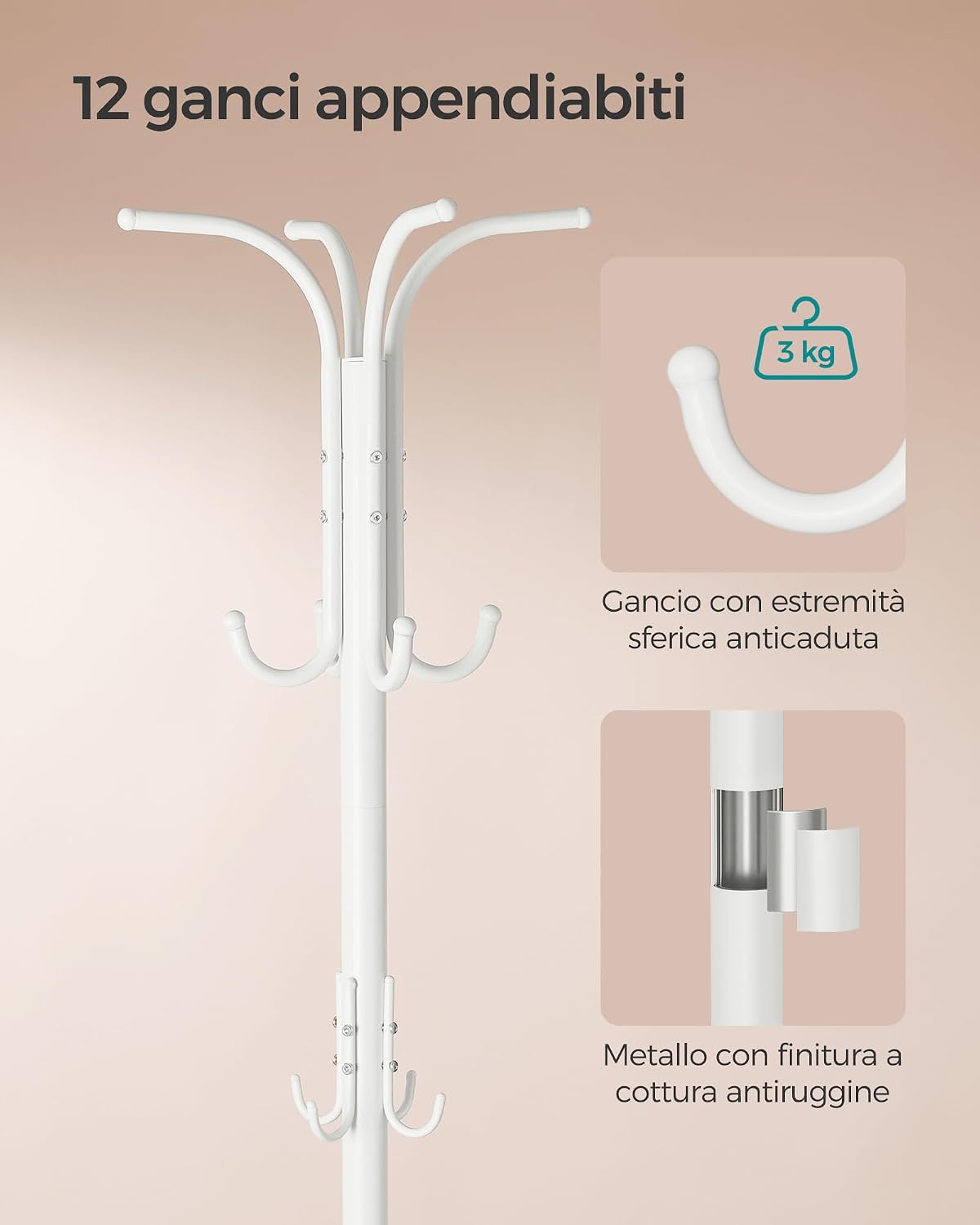 Detalle de SONGMICS Appendiabiti da terra con portaombrelli e 12 ganci RCR011W01, altezza 175 cm, bianco perla