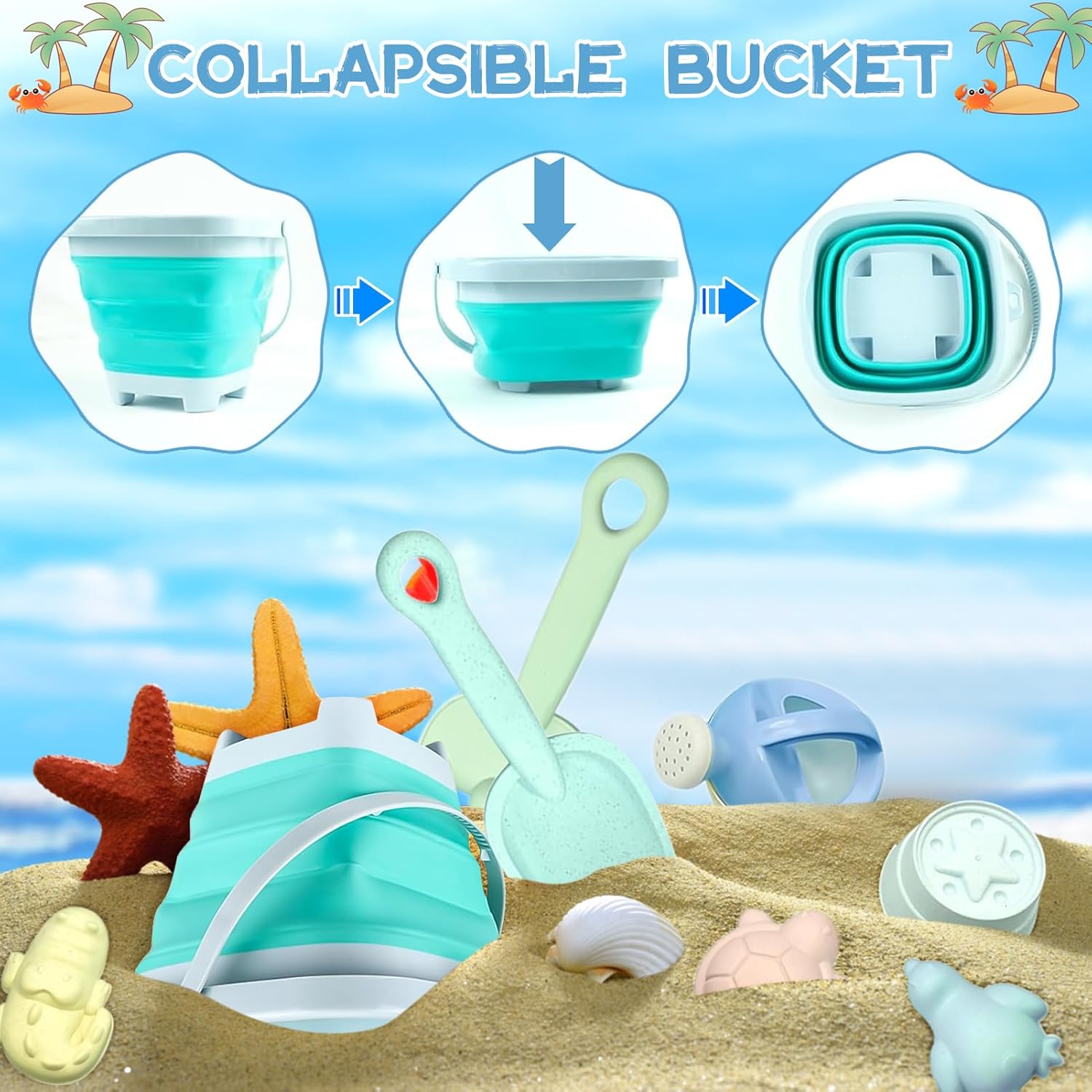 Thumbnail 2 de Taufe set giochi da sabbiera da 11 pezzi con secchio pieghevole e accessori da spiaggia per bambini (Blue)