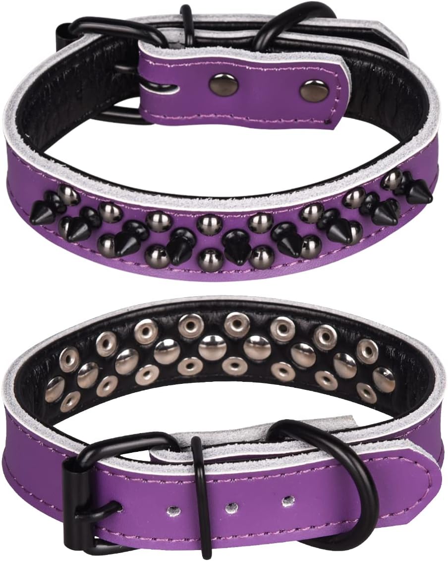 Thumbnail 5 de haoyueer Genuine Leather Spiked Studded Dog Collar (Adjustable, Nickel-Plated Hardware) – Large, Purple