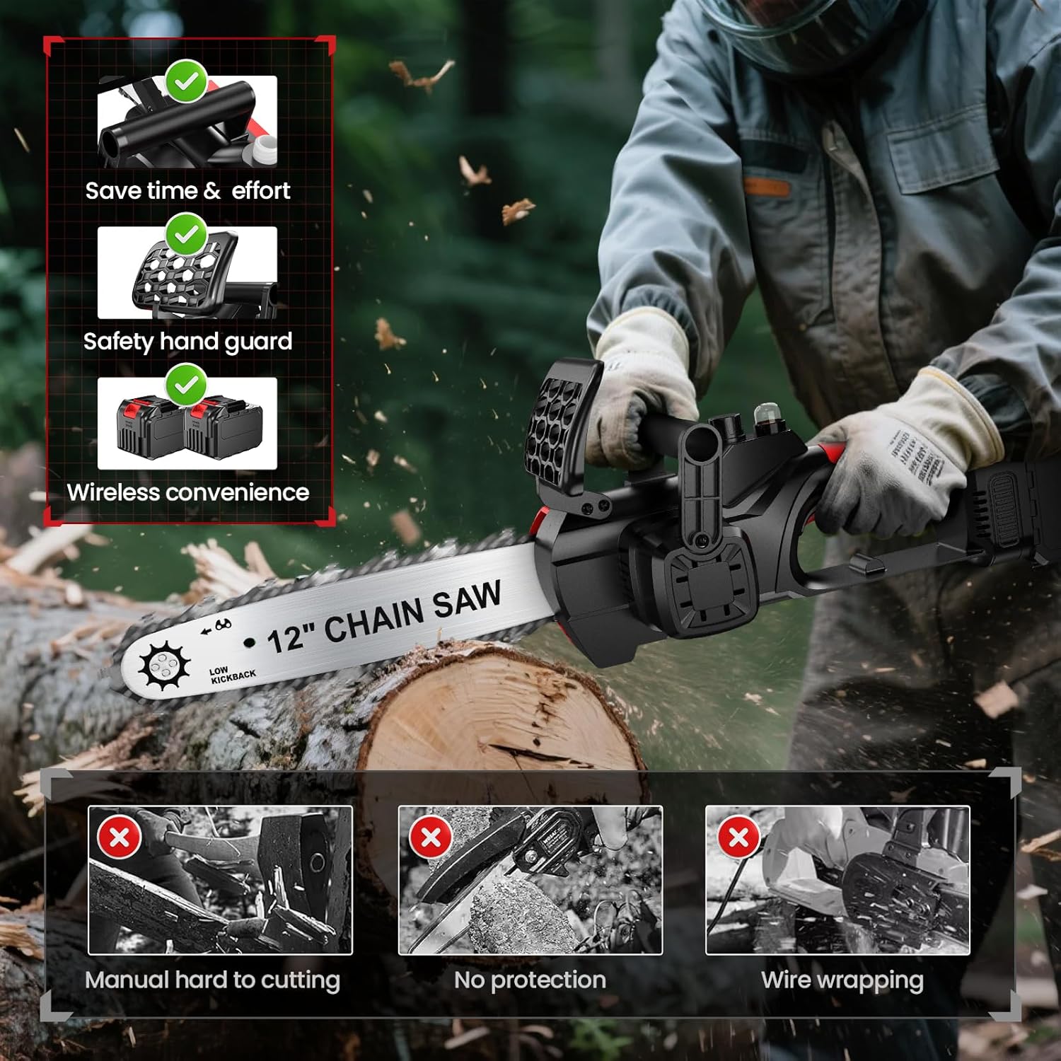 Thumbnail 5 de Electric Chainsaw 12" Cordless – 15 m/s with Dual 5.0Ah Batteries
