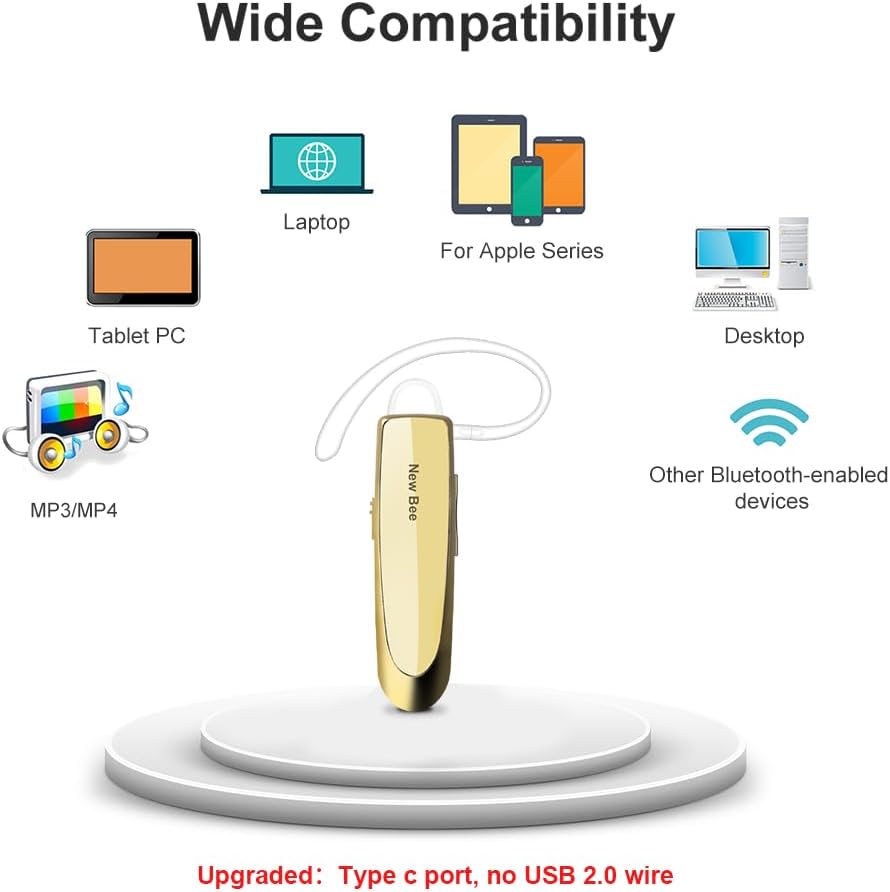 Detalle 2 de New Bee B41 Bluetooth Earpiece, Single-Ear Headset with Microphone, Gold