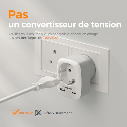 Thumbnail 5 de TESSAN Adaptateur de voyage Type D avec USB-C, USB-A et prise 2 500 W