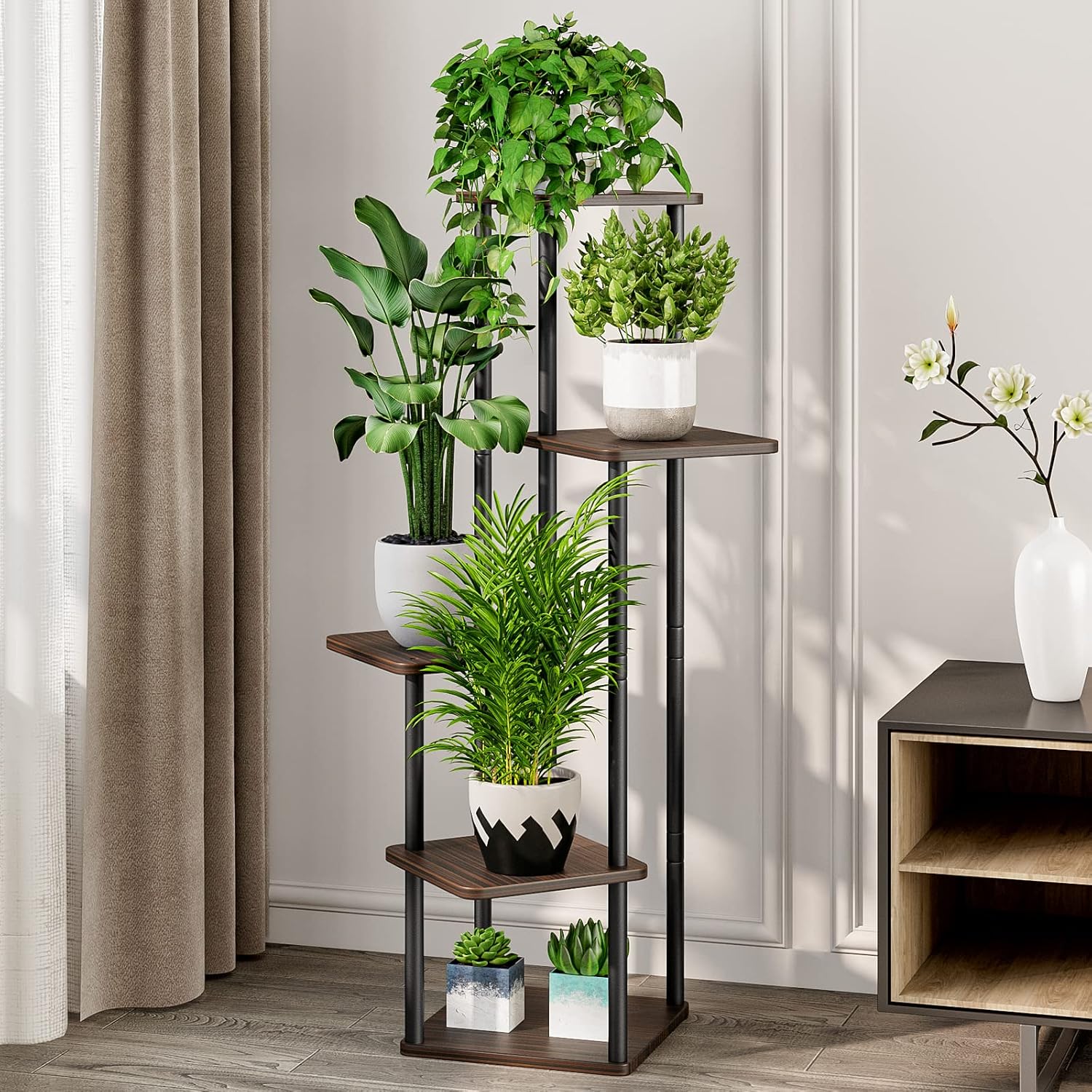 Thumbnail 1 de AZERPIAN AZH725 5-Tier Plant Stand, Metal Frame, Black Oak MDF Shelves
