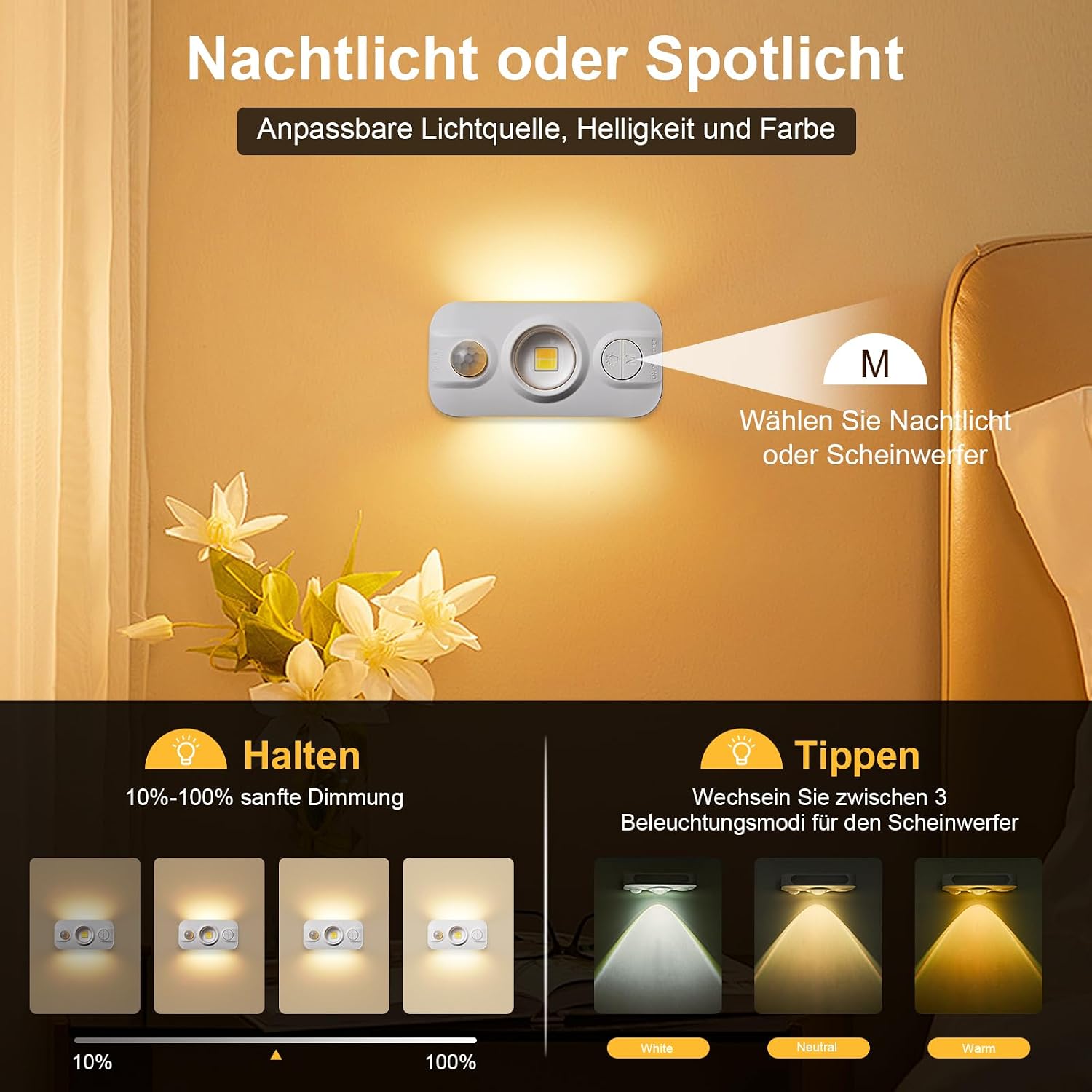 Detalle de Auting Mini Schrankbeleuchtung mit Bewegungsmelder – USB-Aufladbar, 3 Farben, Dimmbare Warmweiß-Nachtlicht-Funktion