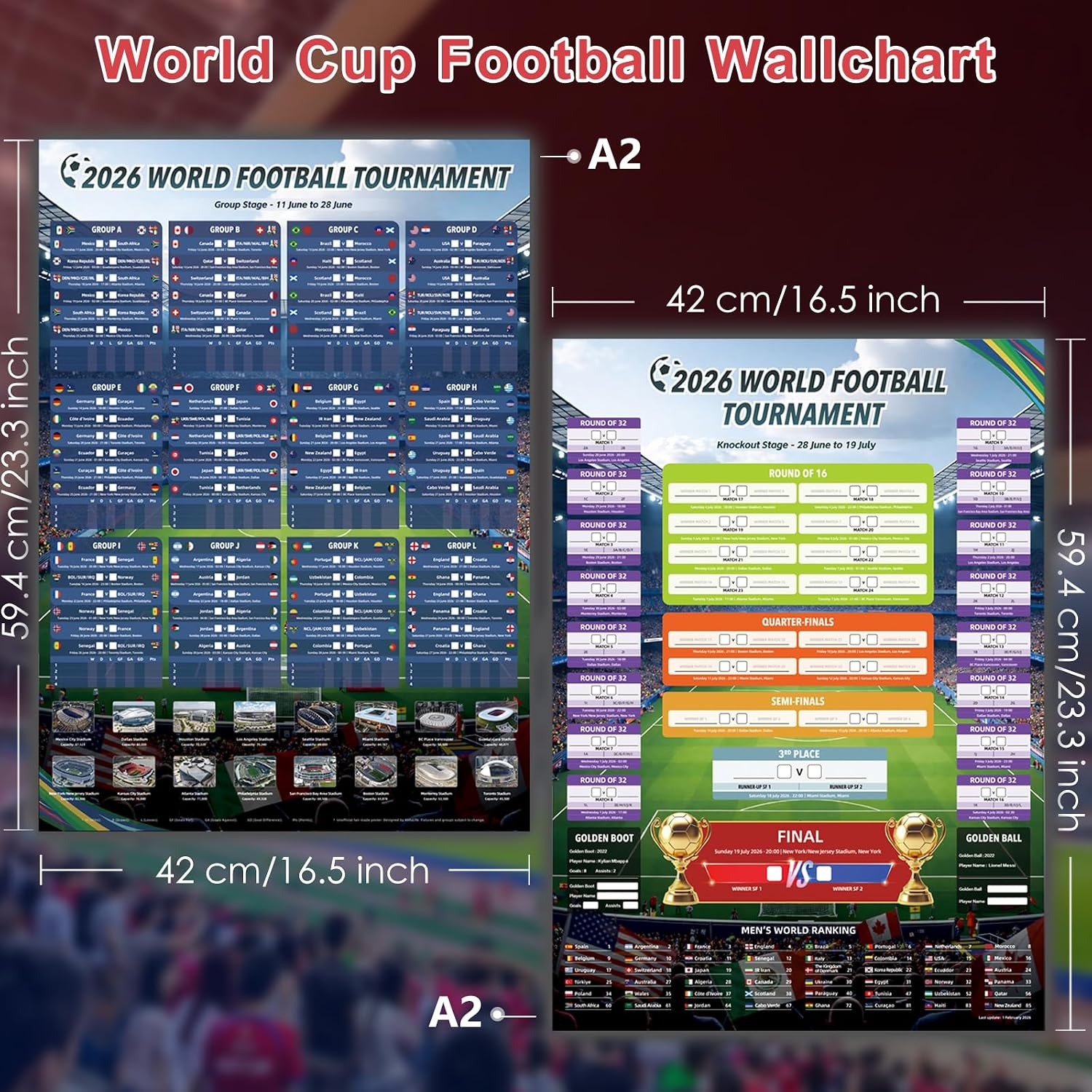 Detalle 2 de AhfuLife World Cup Football Wall Chart 2026 (A2) – Party Decor & Match Calendar