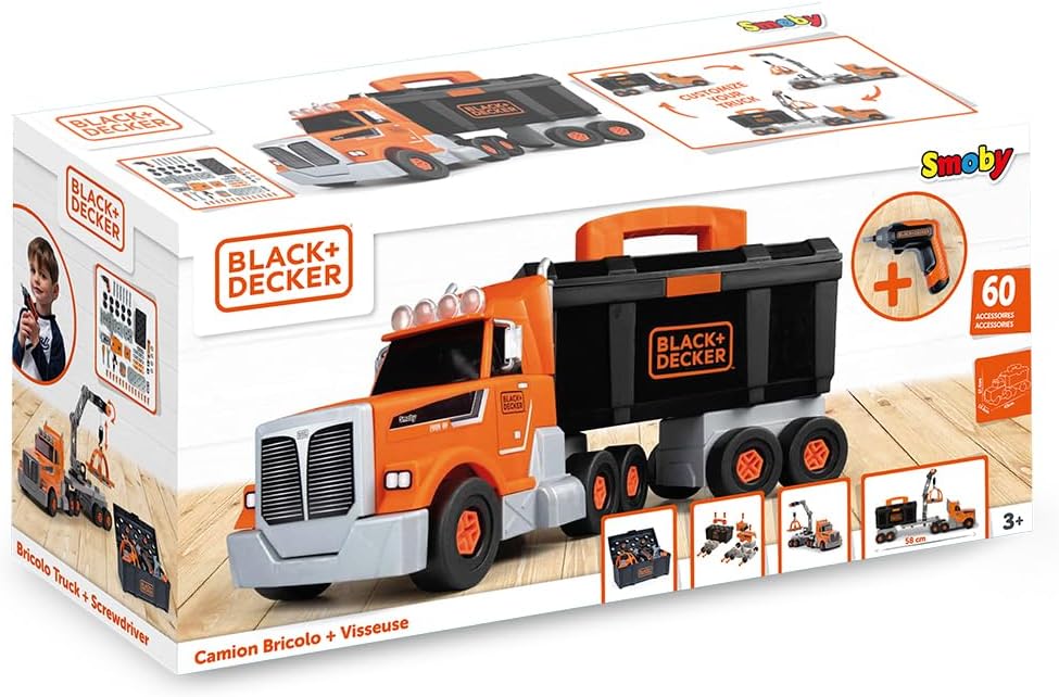 Thumbnail 4 de Smoby Black+Decker Truck mit Werkzeugbox – Konstruktionsfahrzeug mit Anhänger, Greifarm-Bauset & 60 Zubehörteilen (ab 3 Jahren)