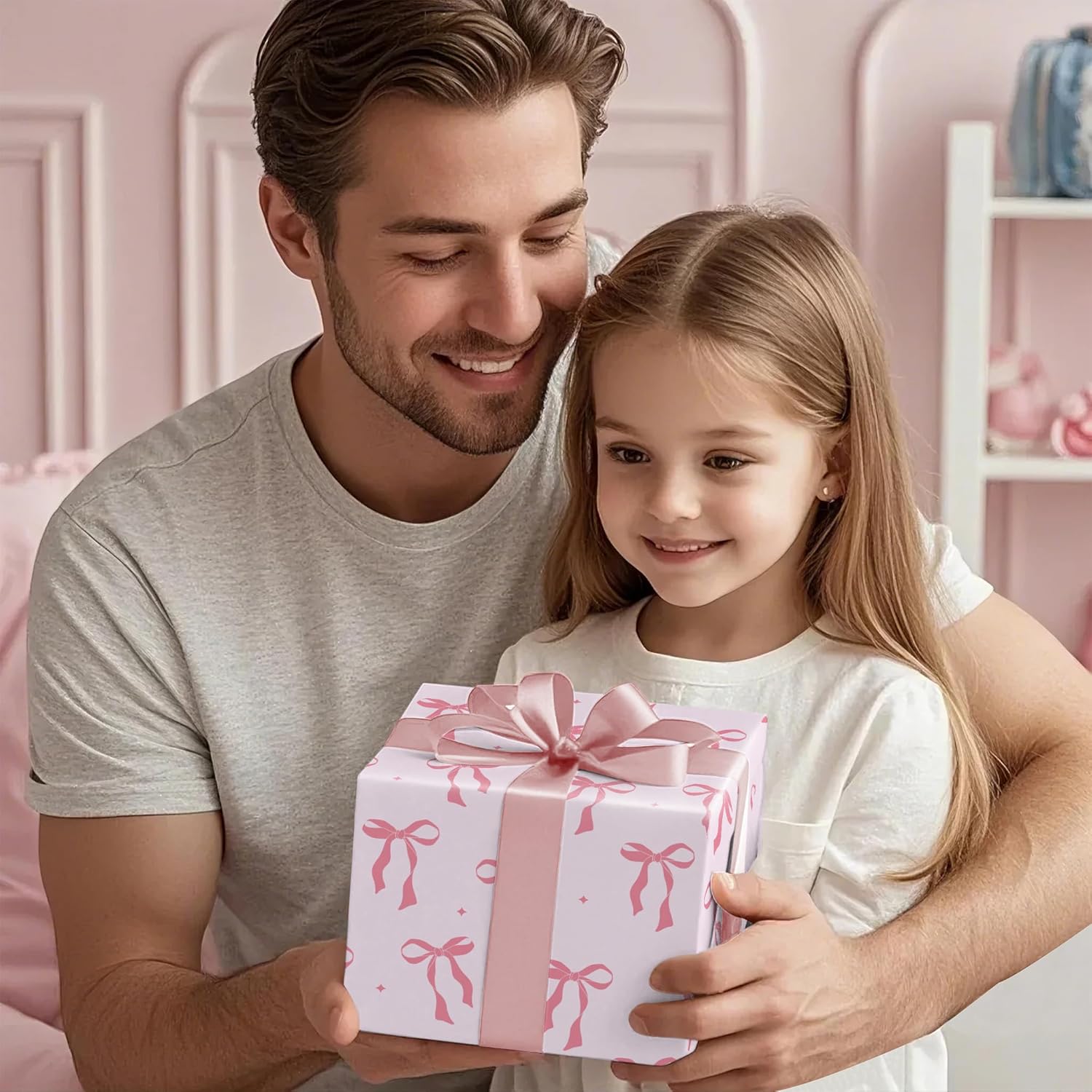 Detalle de RUSPEPA Pink Bow Wrapping Paper Roll – Mini Roll (43.2cm x 5m) with Pink Ribbon Bow Design