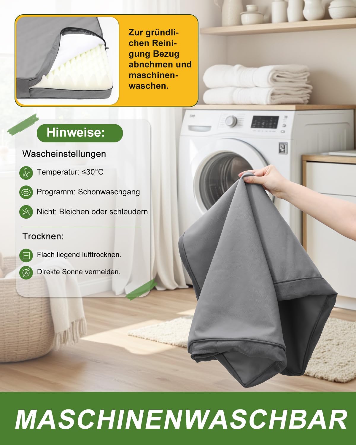 Thumbnail 4 de Favodormir orthopädisches Hundebett für große Hunde (104 x 68 cm) mit abnehmbarer, wasserabweisender Kunstleder-Hülle – grau