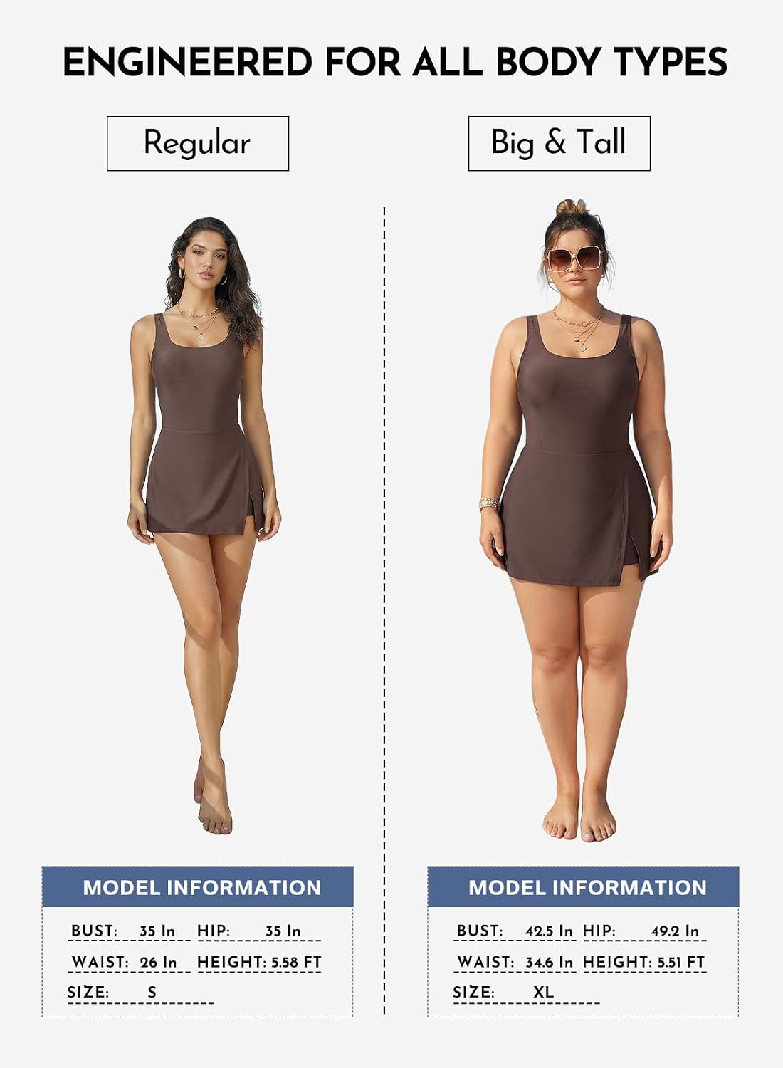 Detalle 2 de Aleumdr One Piece Swimdress Swimwear for Women with Tummy Control, Split Hem, Built-In Short and Pockets