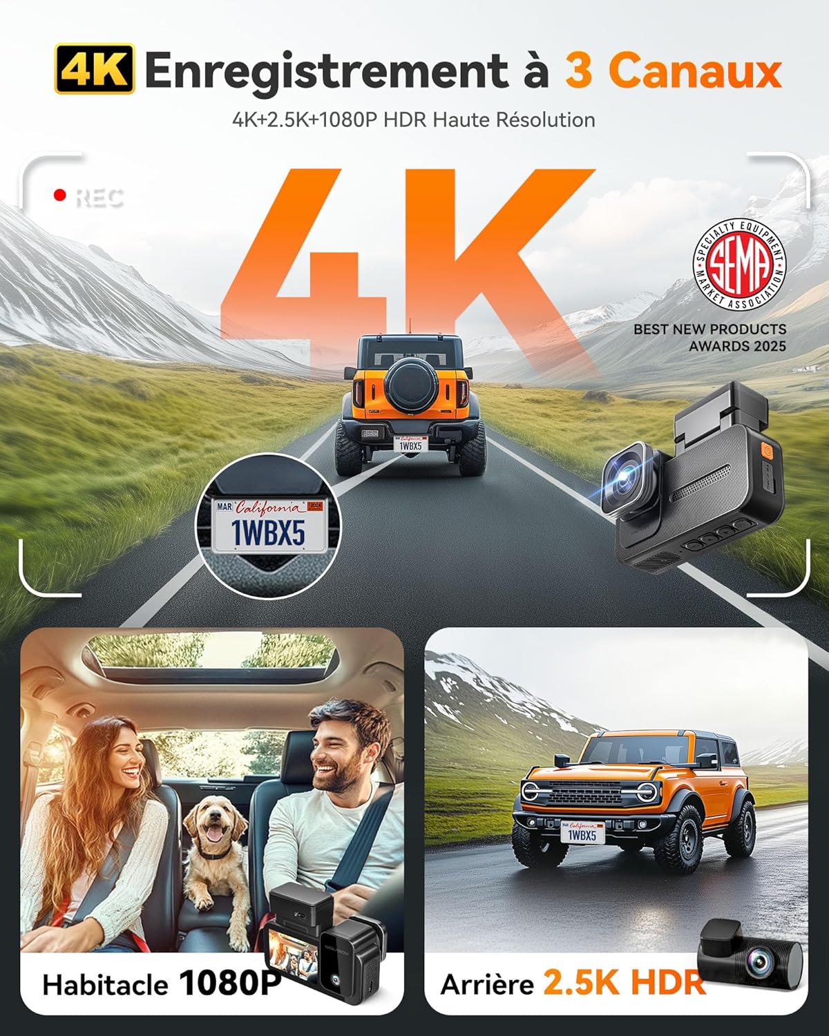 Thumbnail 1 de WOLFBOX Starvis 2 IMX678 (X5) – Caméra de voiture 3 canaux 4K+2,5K+1080P avec GPS, Wi‑Fi 5,8 GHz et commande vocale