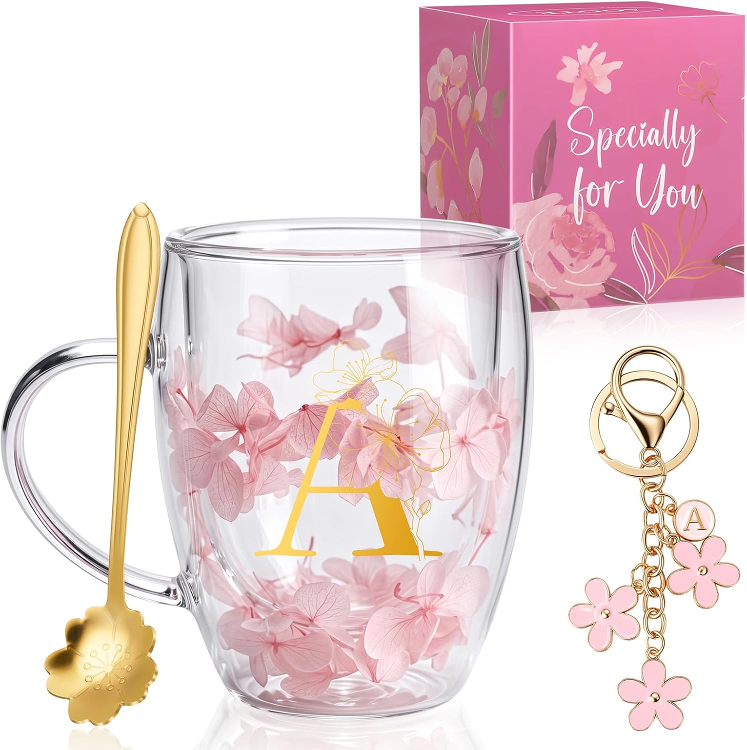Detalle de AOOTE 6324903 Dried Flower Double-Wall Glass Mug, 350 ml, Letter A