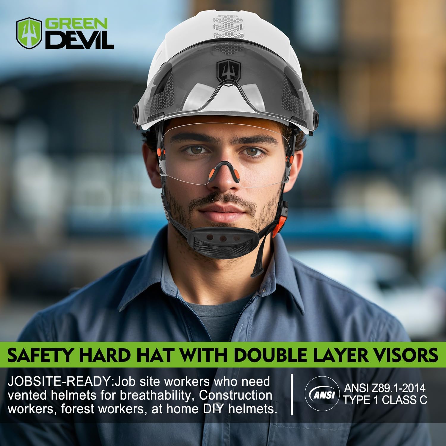 Detalle 2 de GREEN DEVIL Construction Safety Helmet Hard Hat with Visor and Safety Glasses — ANSI Z89.1 Type I
