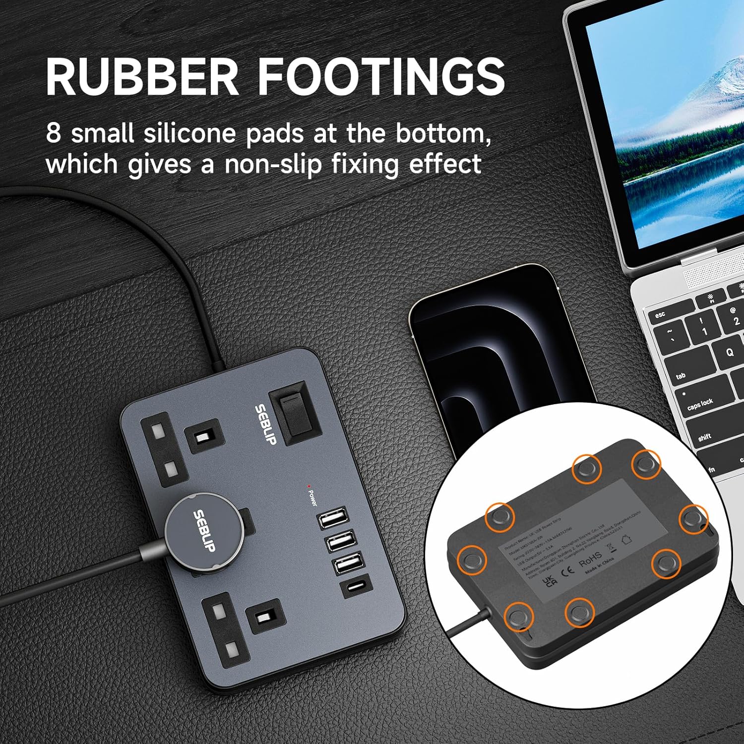 Thumbnail 4 de Extension Lead with 4 USB Slots, 3-Way Plug Power Strip with Switches – 5m Black