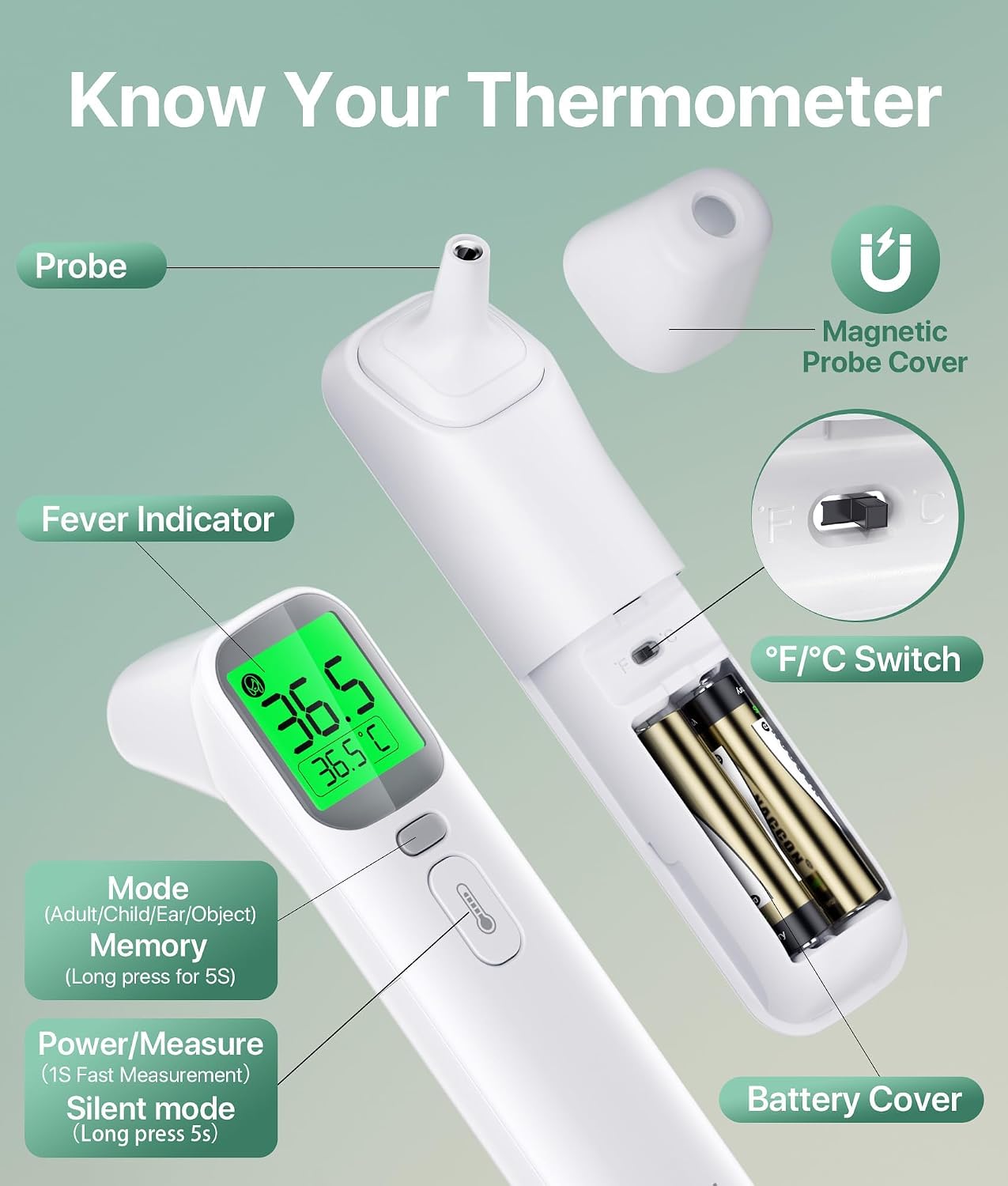 Detalle de FACEIL AOJ-20A Infrared Thermometer for Forehead and Ear, 40-Reading Memory