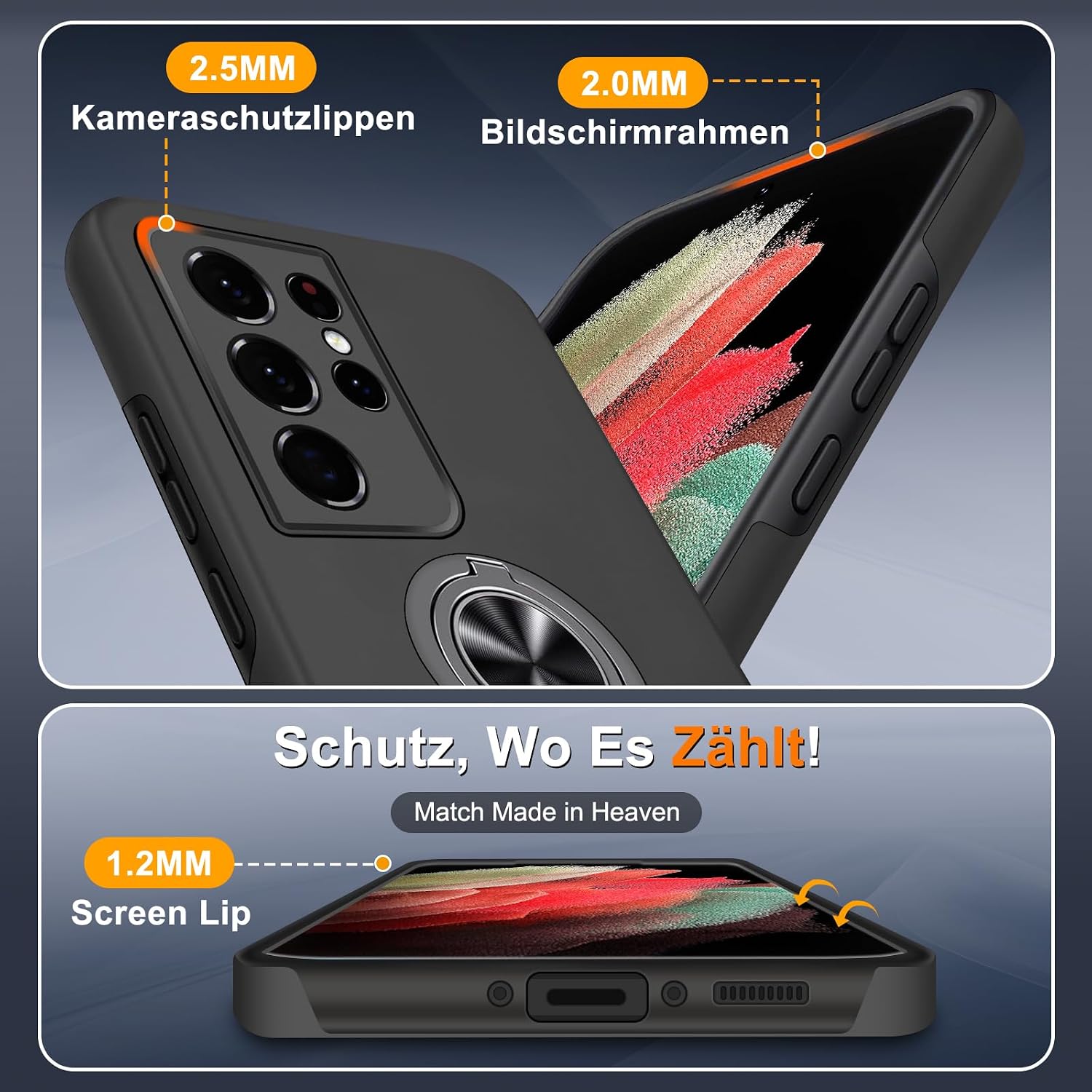 Detalle de Handyhülle für Samsung Galaxy S21 Ultra mit Ringständer, Schutzfolie und Kratzschutz – Schwarz