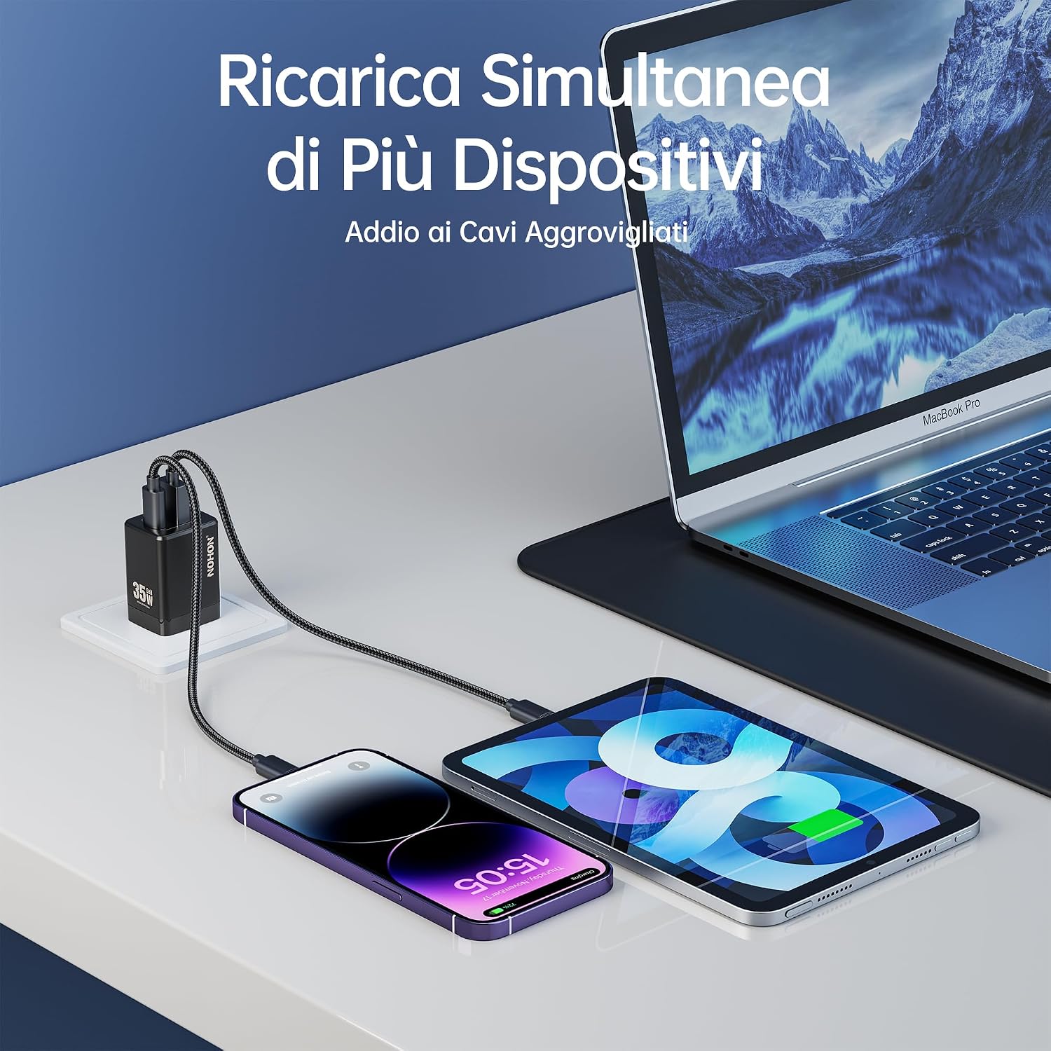 Detalle de NOHON Caricatore USB-C 35W GaN con doppia porta (USB-C + USB-A) e cavo 1 m, PD 3.0