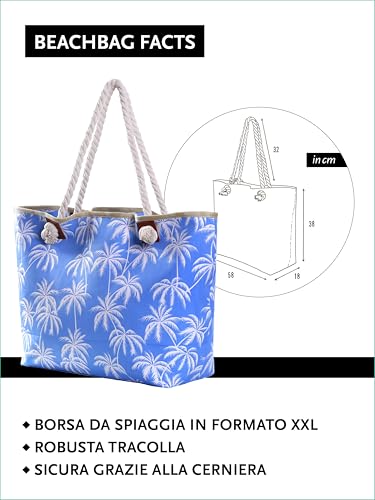 Detalle de DonDon Borsa da spiaggia grande con cerniera 58x38x18 cm – stile marino con palme blu