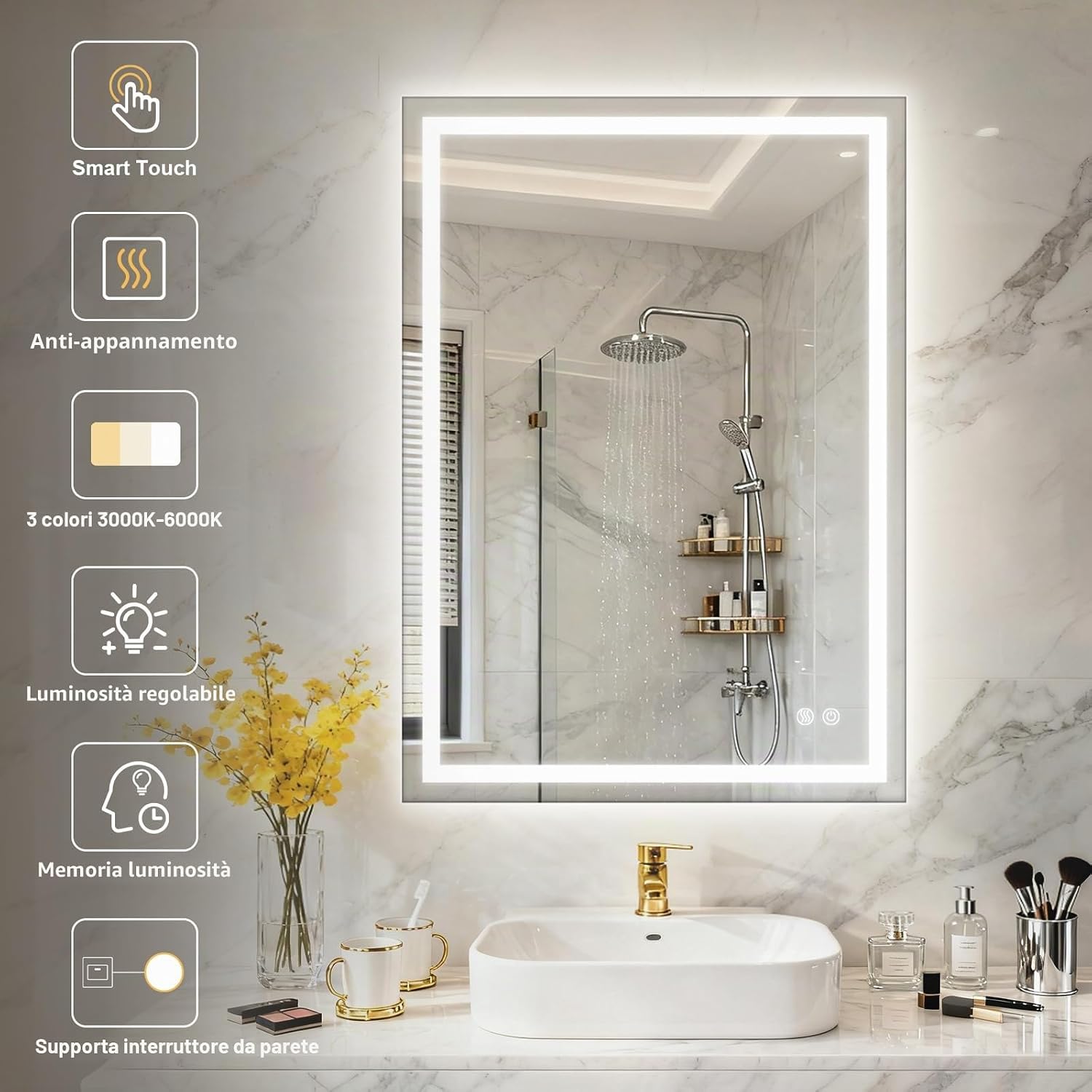 Detalle de PINNIP Specchio Bagno con Luce LED Rettangolare 80x60 cm, Antifog, Vetro Temperato, Dimmerabile 3 Colori