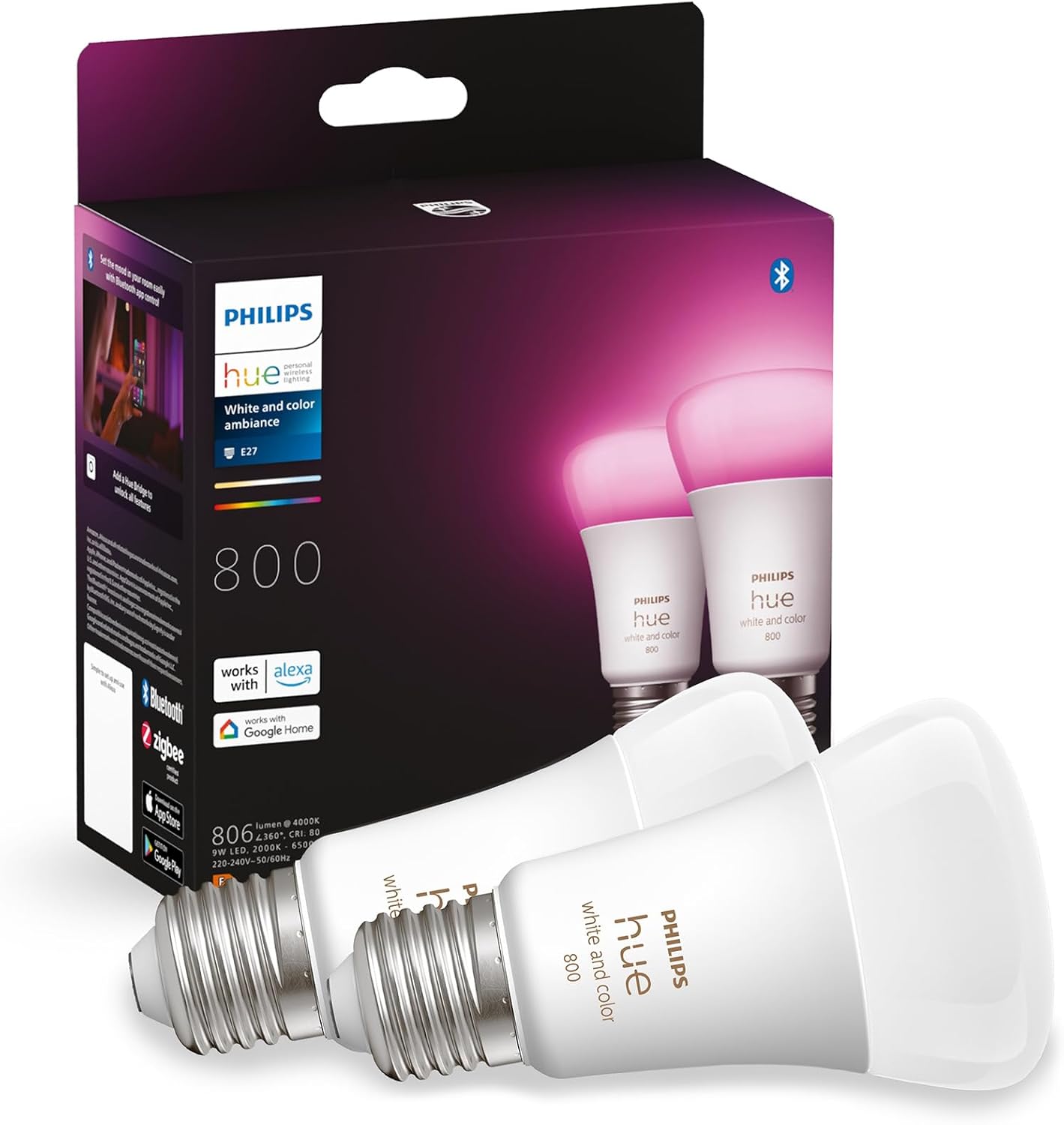 Detalle 2 de Philips Hue Kit de démarrage Ambiance Blanc et Couleur – 2 ampoules LED E27 60W + Pont et Bluetooth