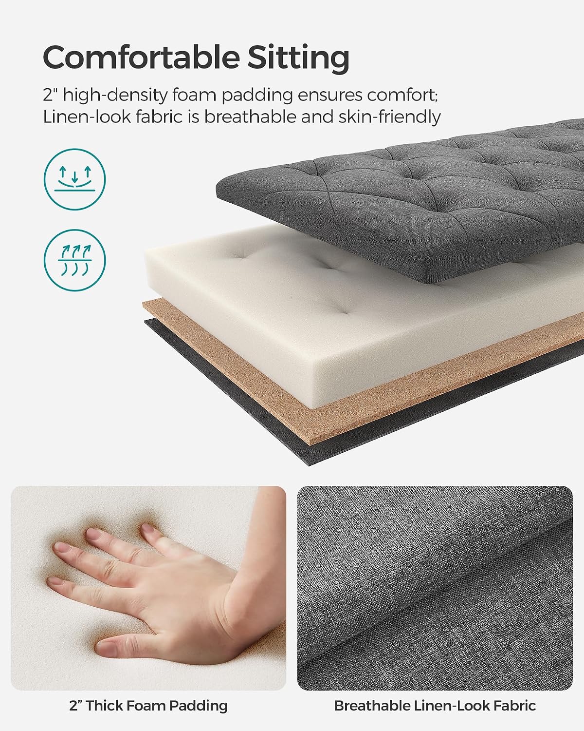 Detalle de SONGMICS Storage Ottoman Bench, 43.3 x 15.8 x 15.8 Inches