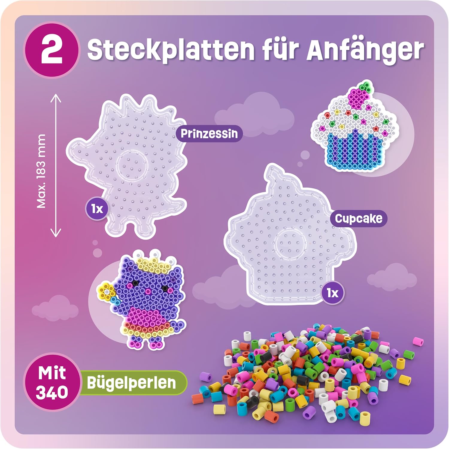 Detalle 2 de Smowo 10mm Bügelperlen-Set mit Prinzessin & Cupcake Steckplatten (Kreativset für Kinder ab 3 Jahren)